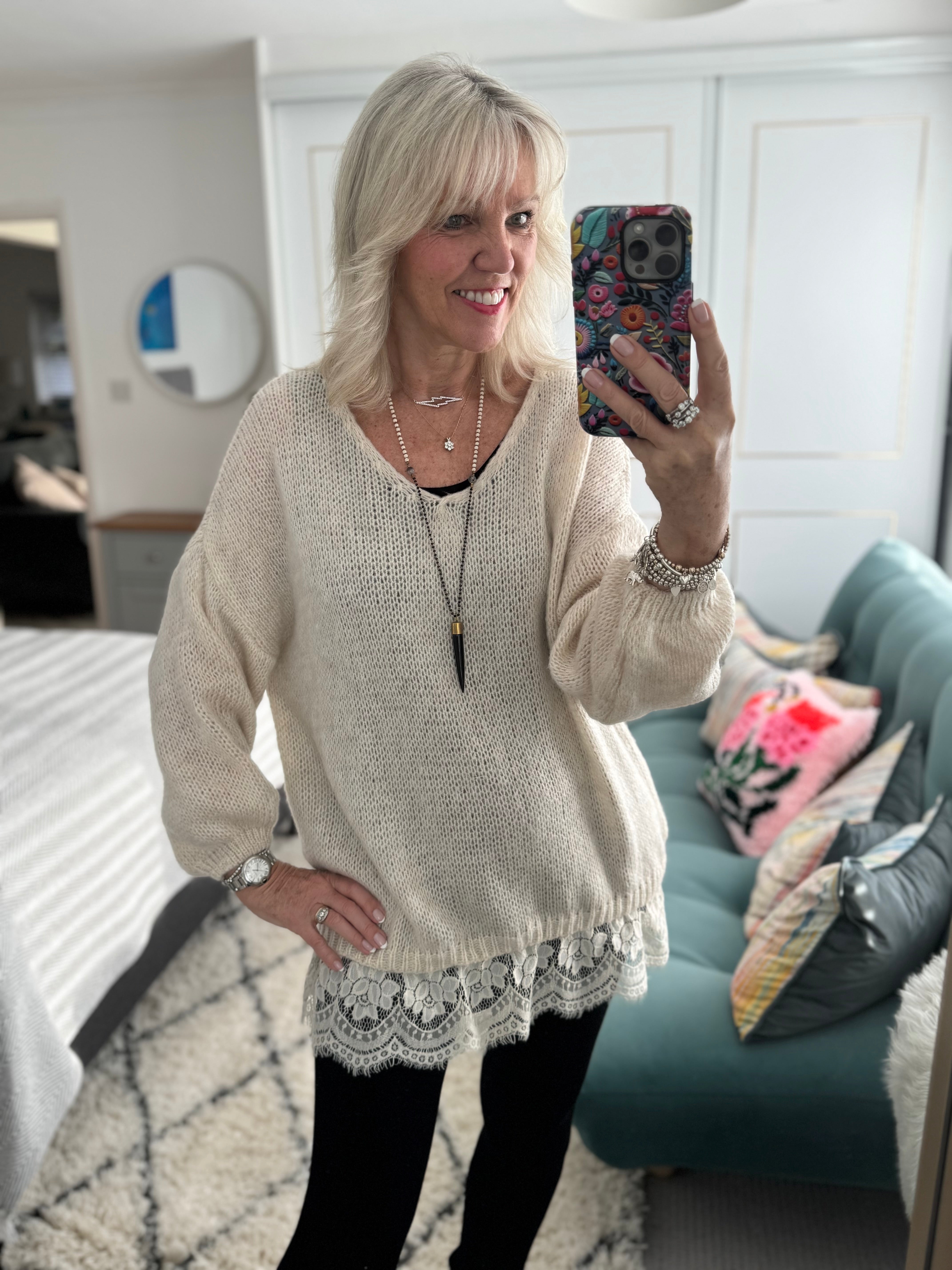 Soft Jumper with Lace Hem in Stone