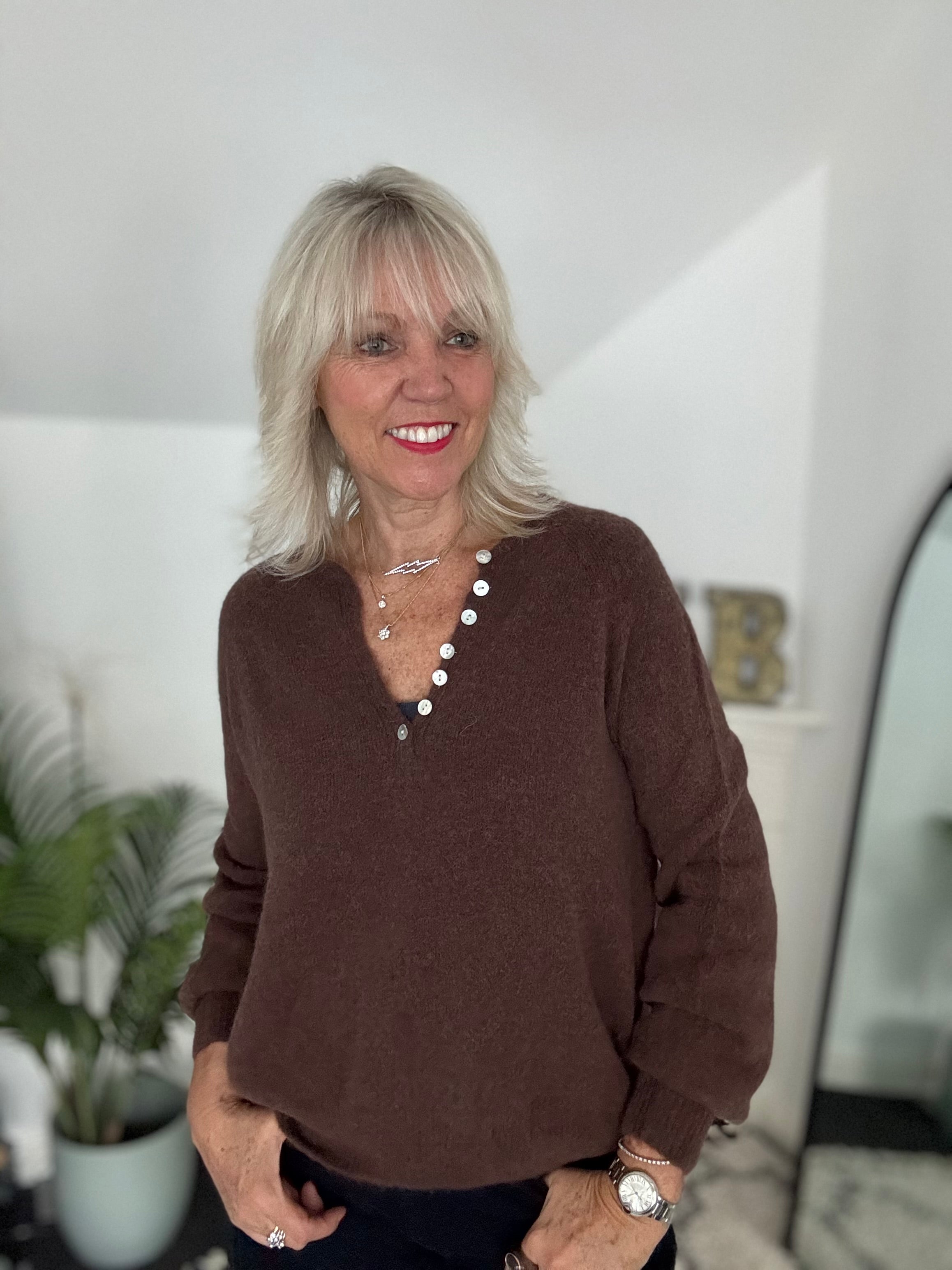 Softie Jumper with Button Neck in Chocolate