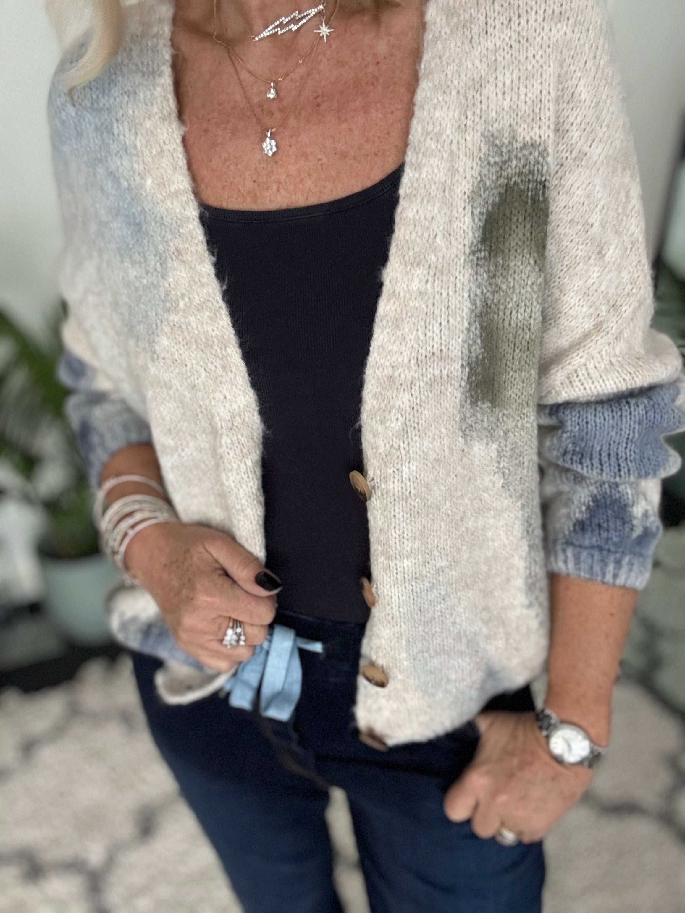 Brushstroke Boyfriend Cardi in Grey & Blue