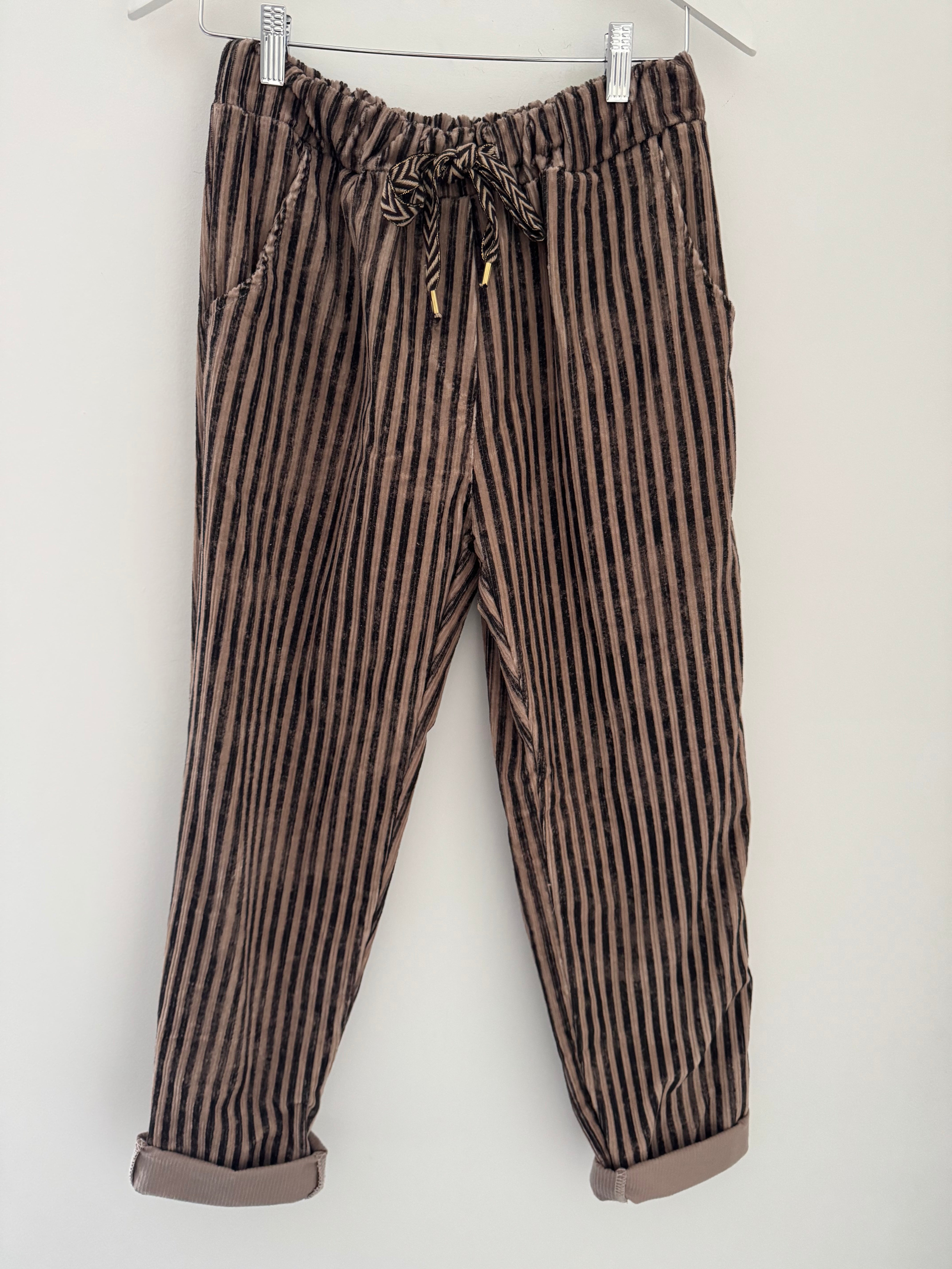Chenille Cord Joggers in Mocha & Charcoal Stripe