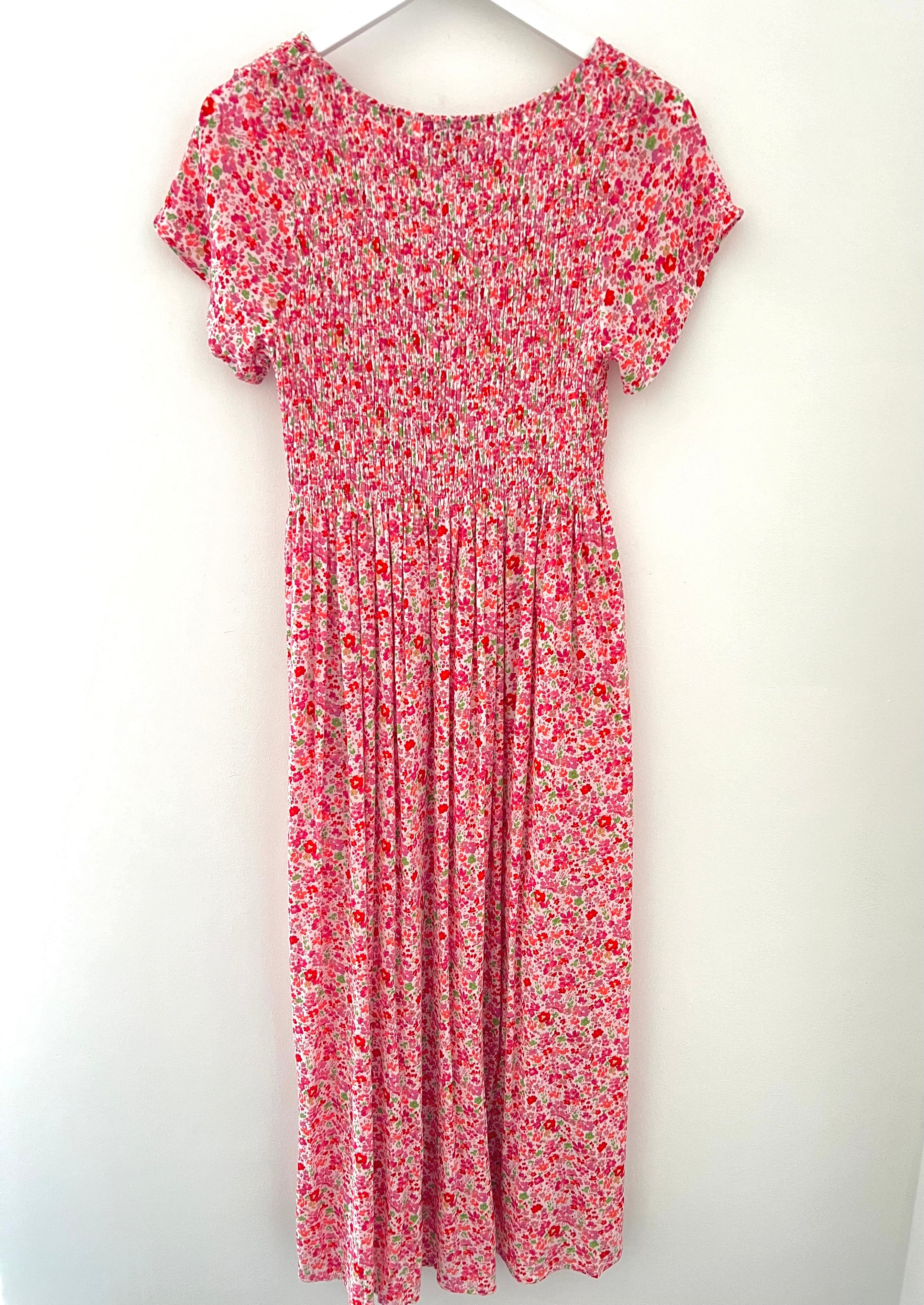 Shirred Ditsy Dress in Pink & Red