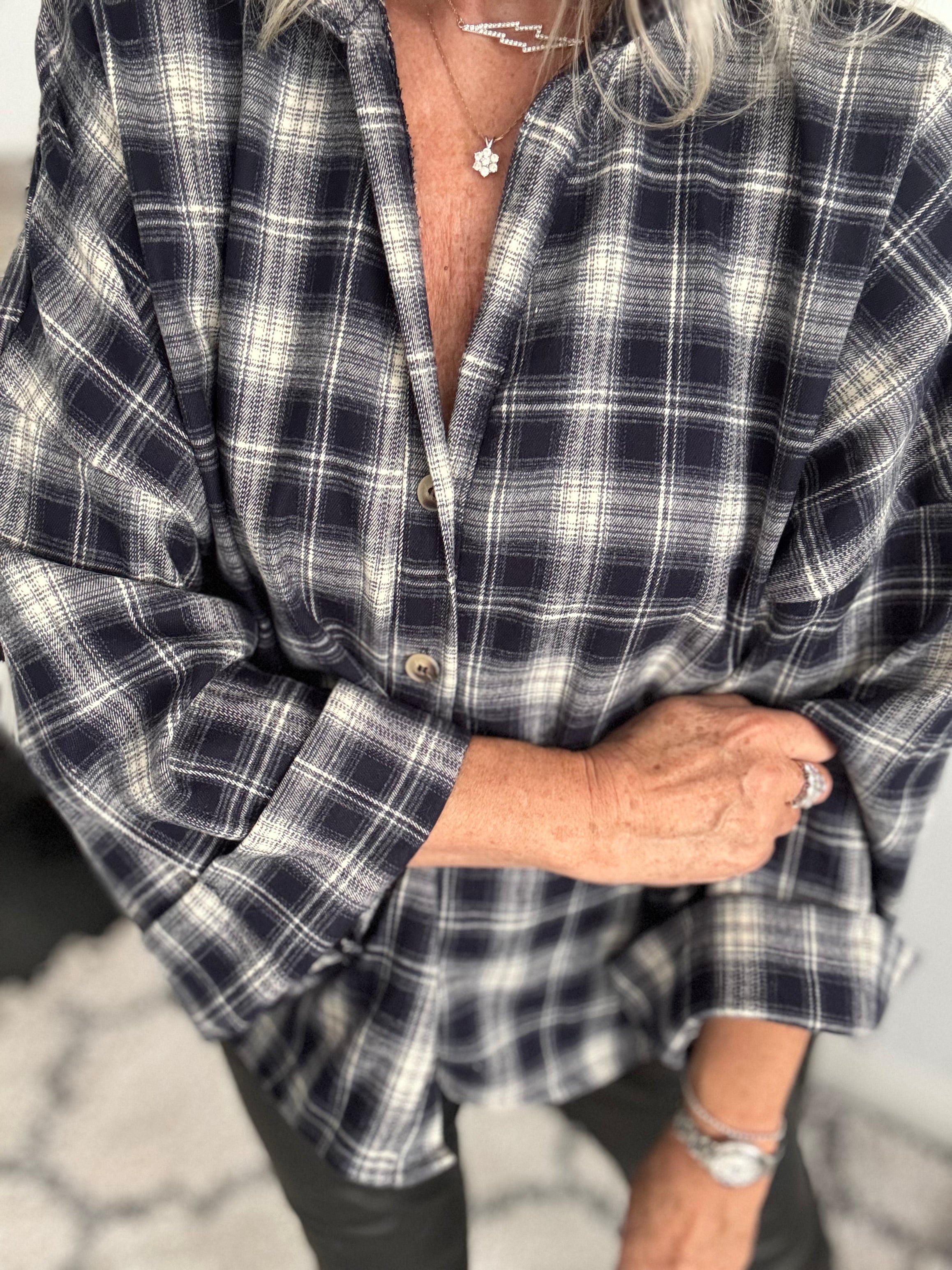 Soft Checked Shacket in Inky Charcoal