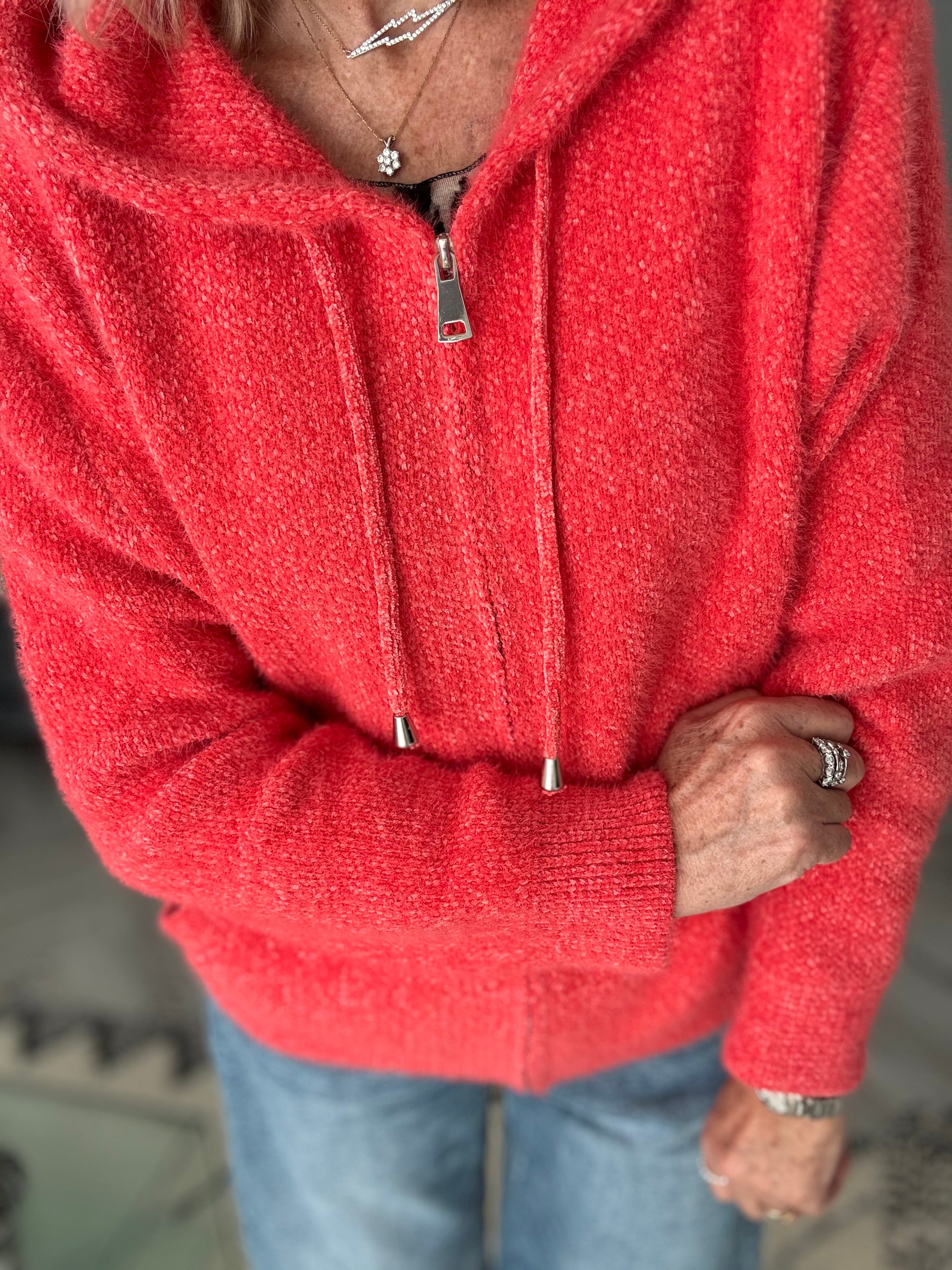 Soft Hooded Knit with Pockets in Coral