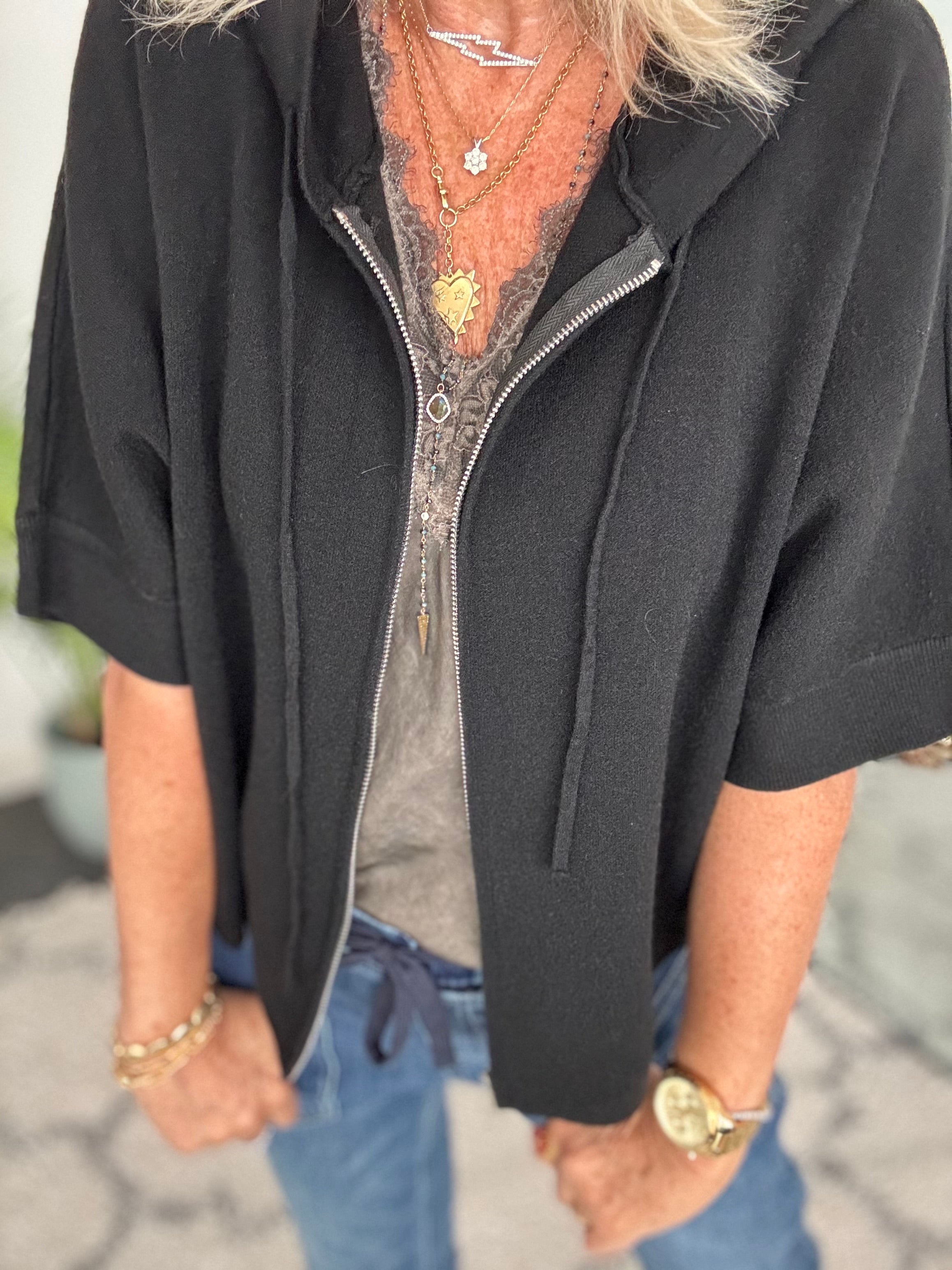 Soft Hooded Zipped Knit in Black