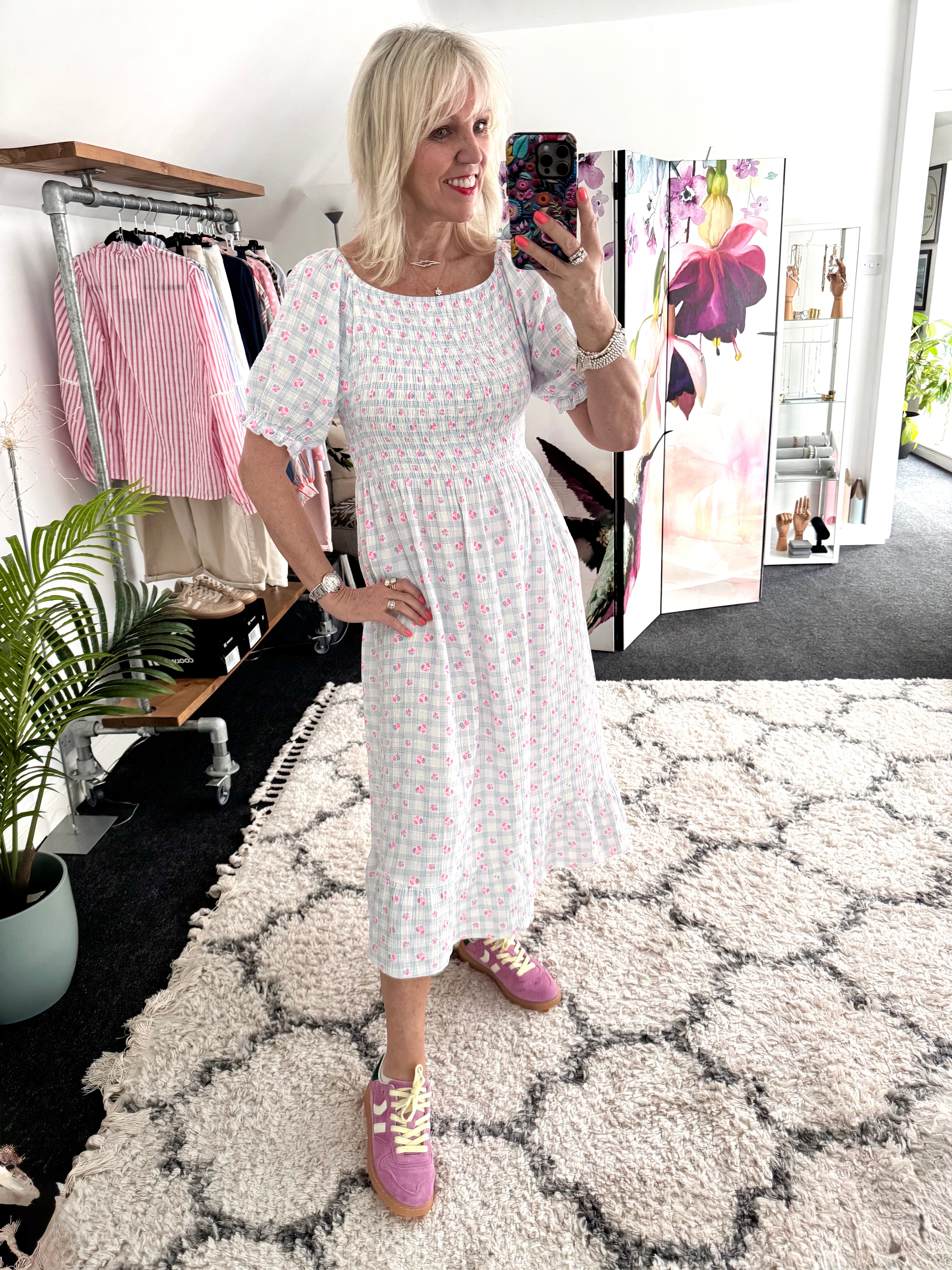 Ditsy Print Dress in Blue & Pink