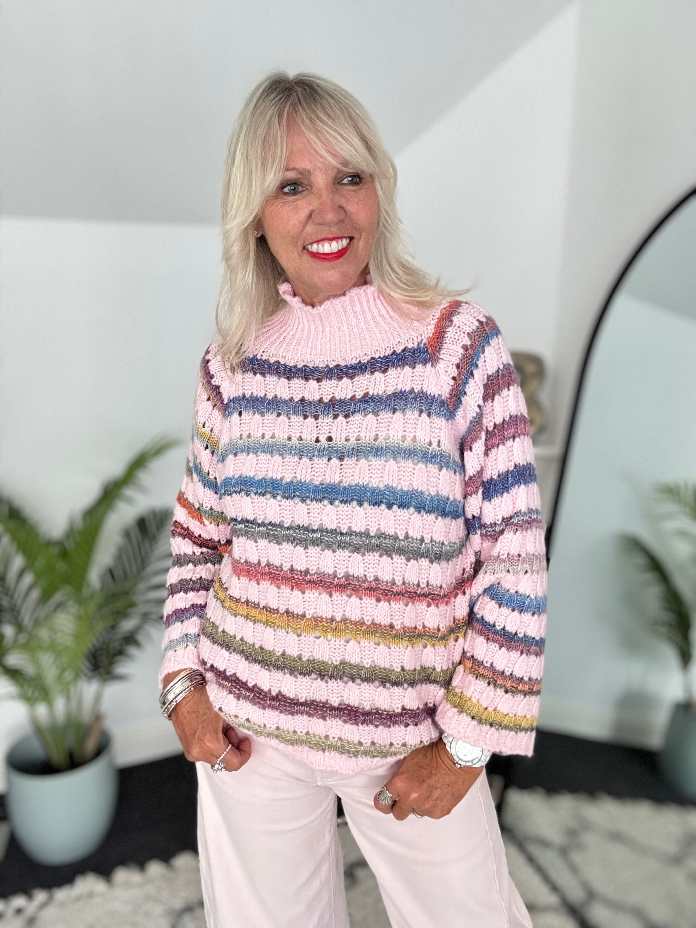 Funnel Neck Stripe Jumper in Soft Pink