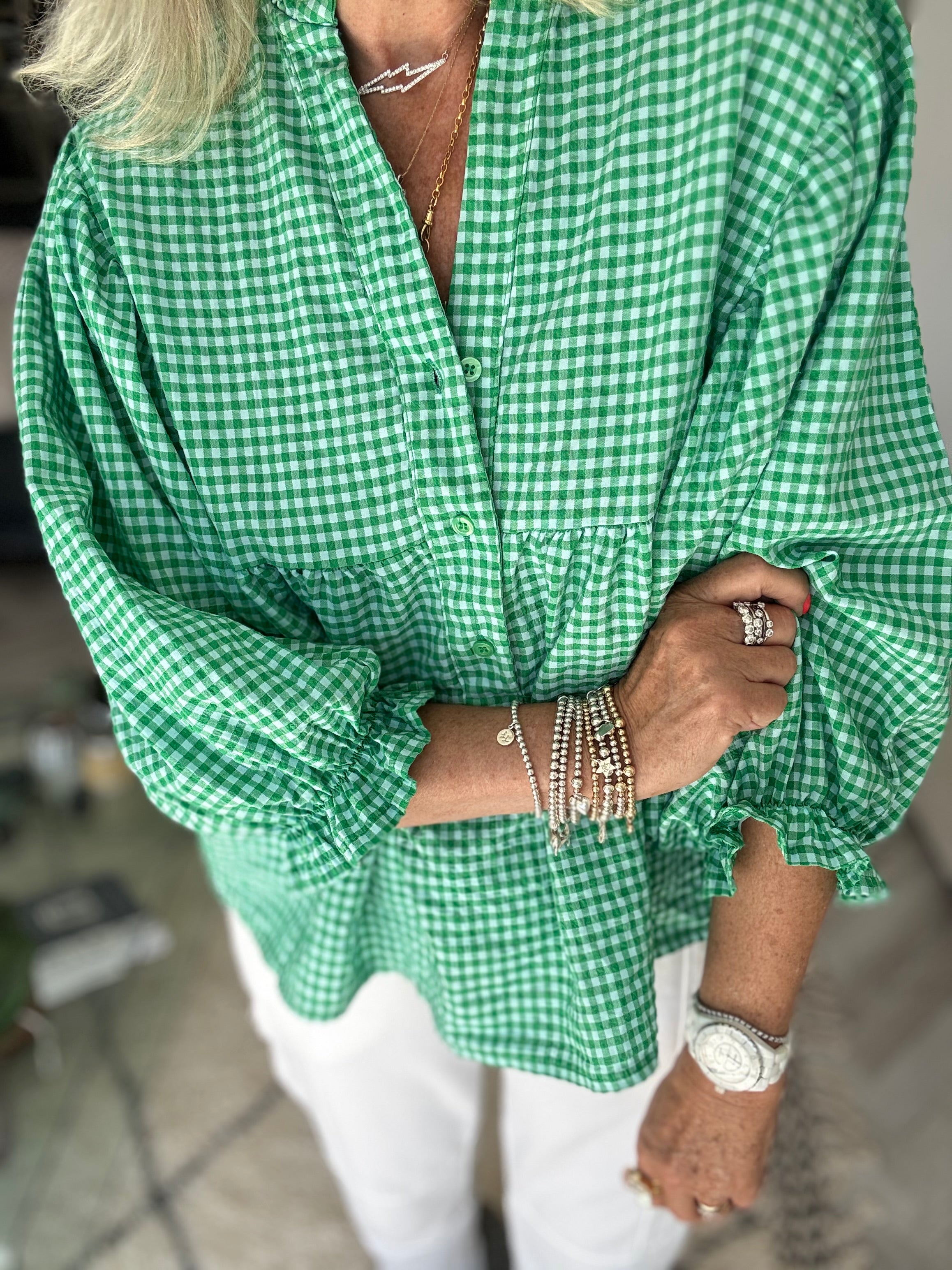 Gingham Seersucker Blouse in Green