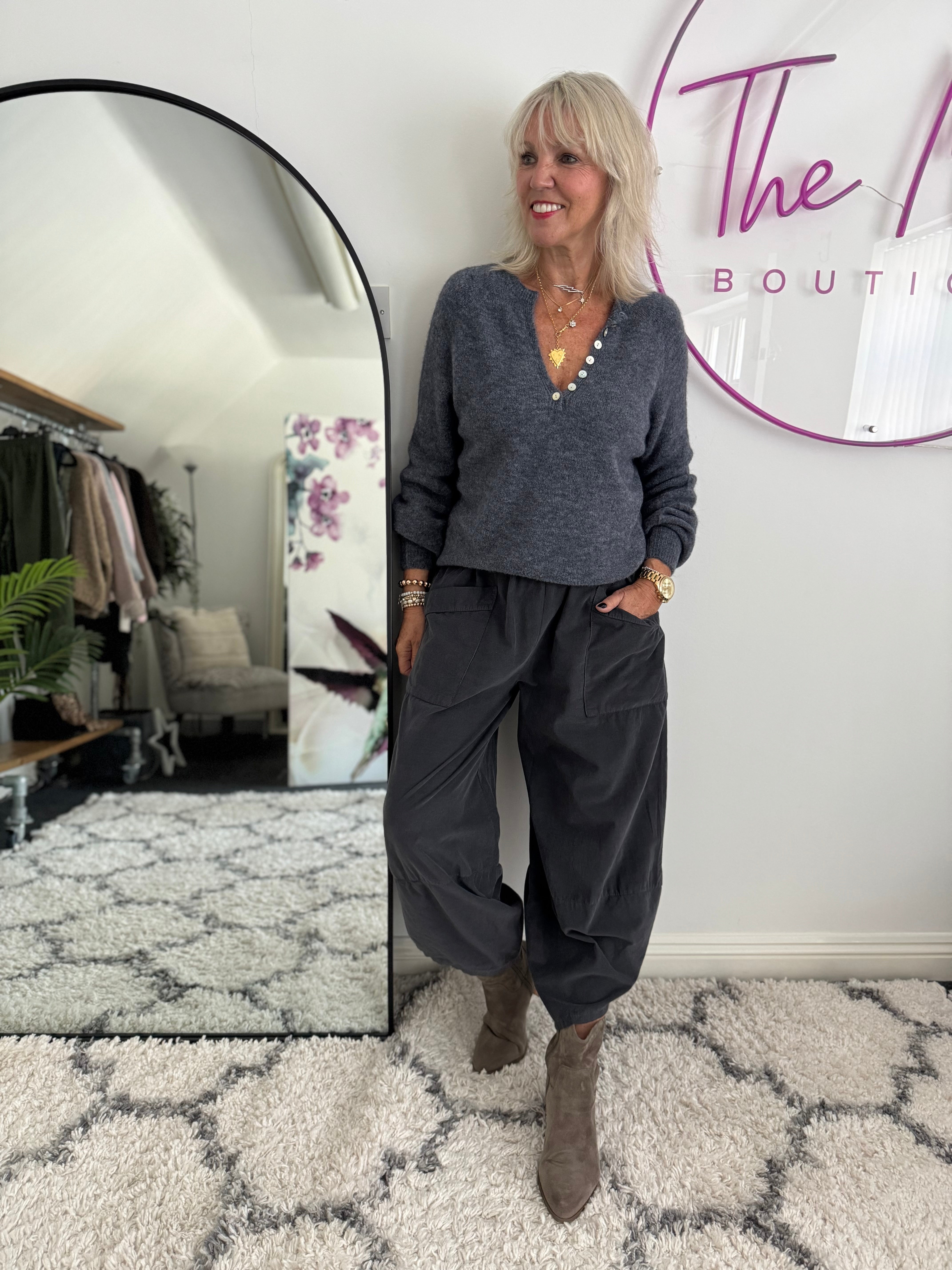 Cord Barrel Leg Trousers in Charcoal