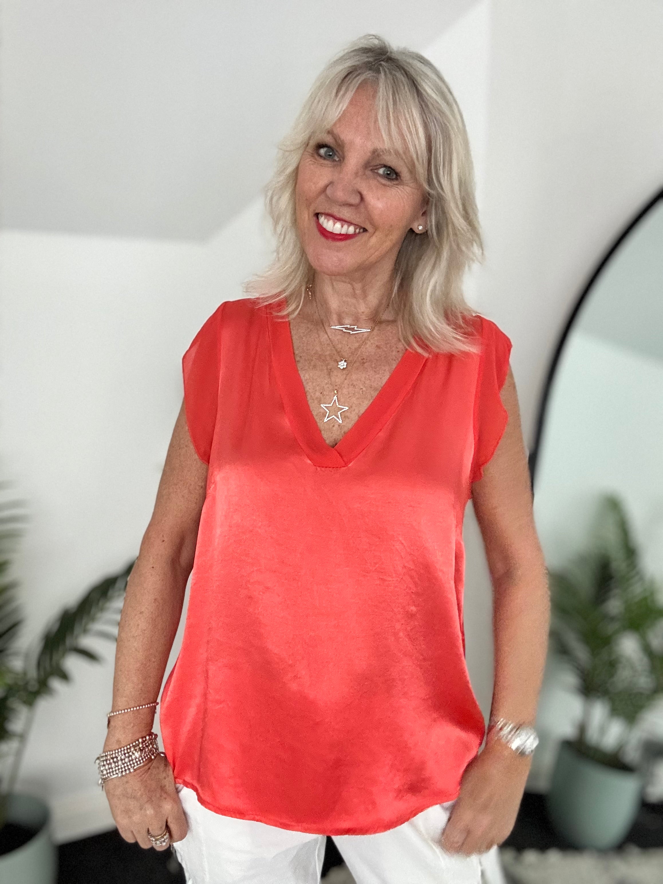 Silky V Neck Tank in Coral