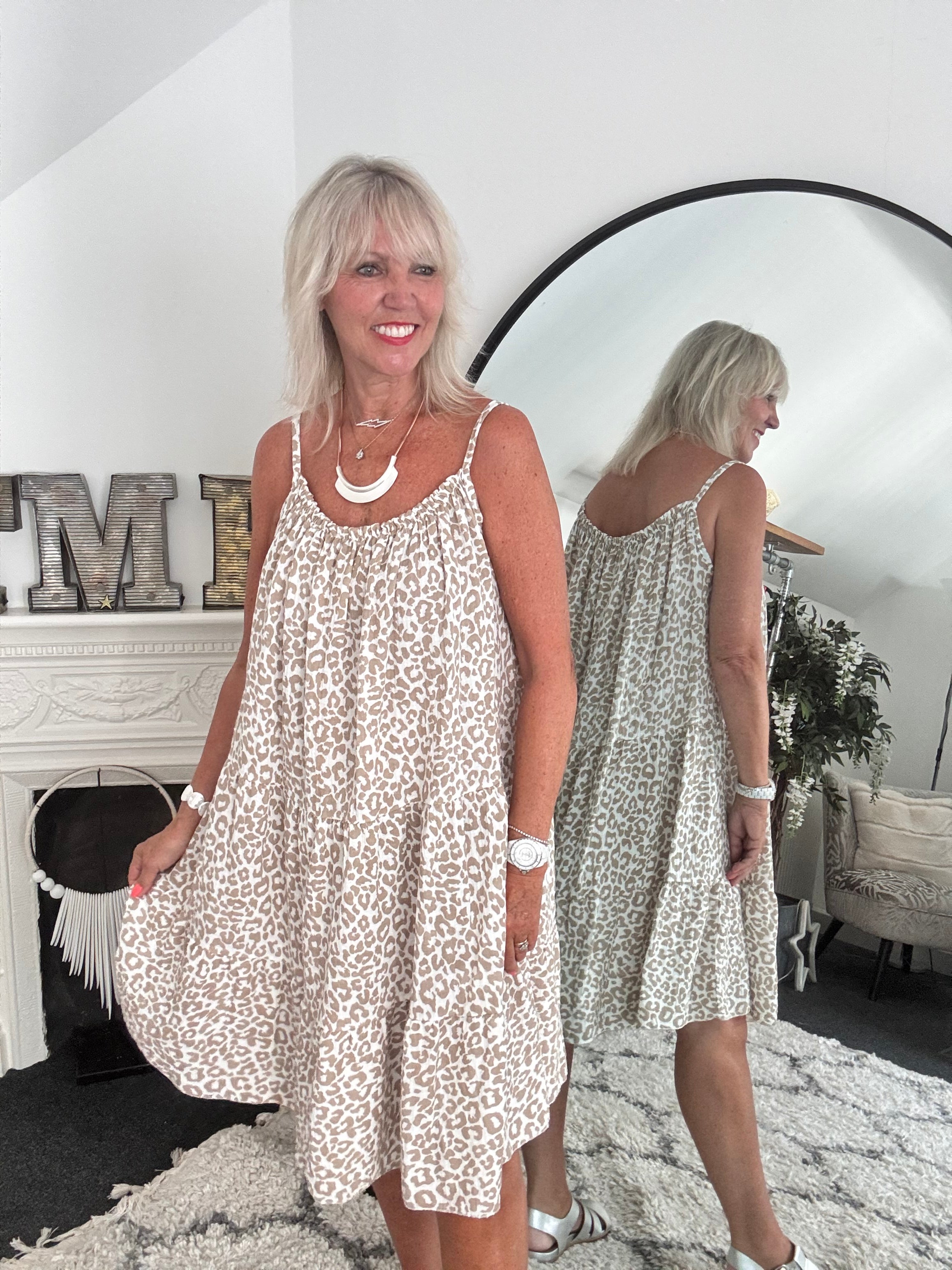 Leopard Cheesecloth Dress in Mocha & White