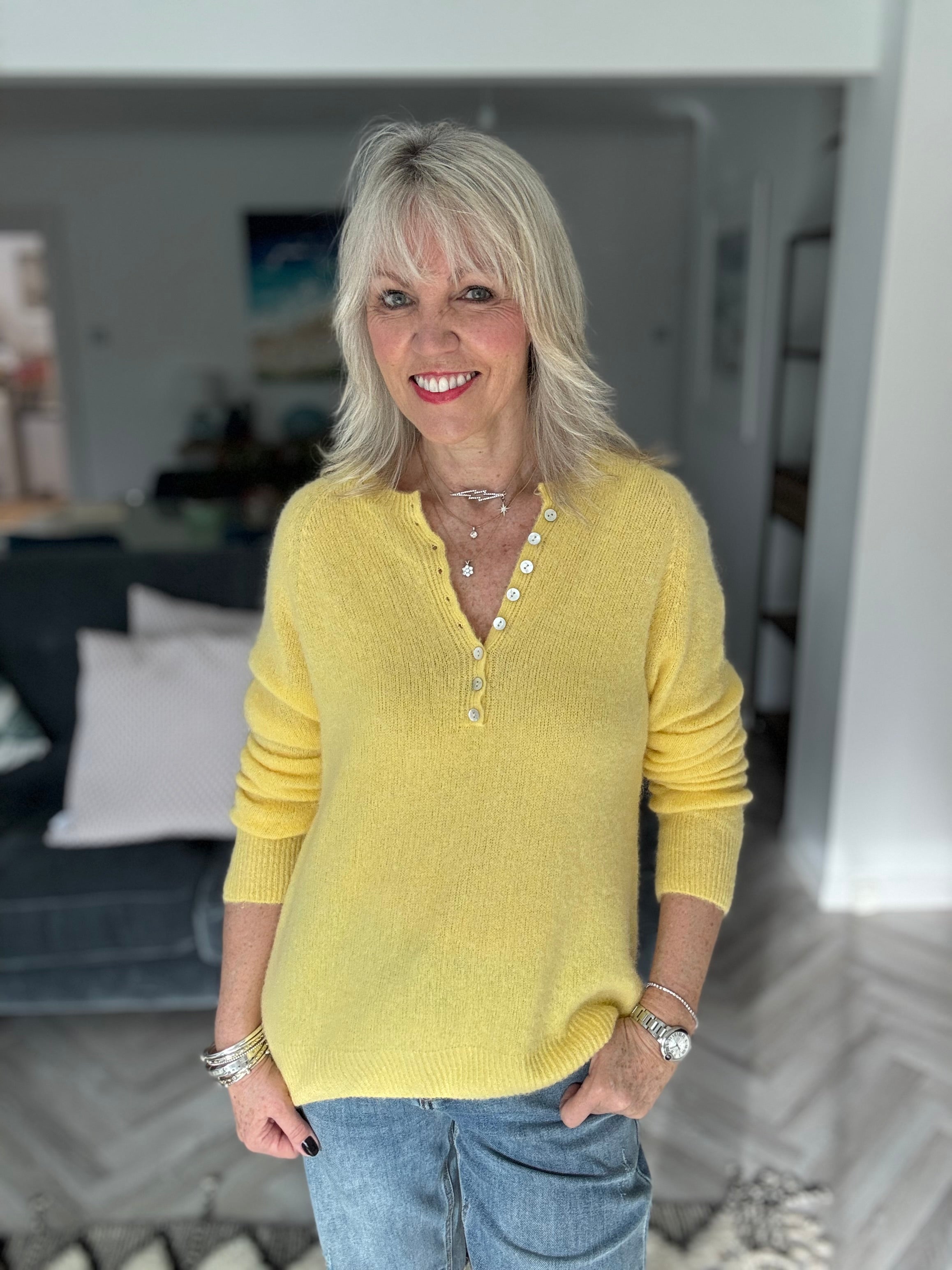 Softie Jumper with Button Neck in Yellow