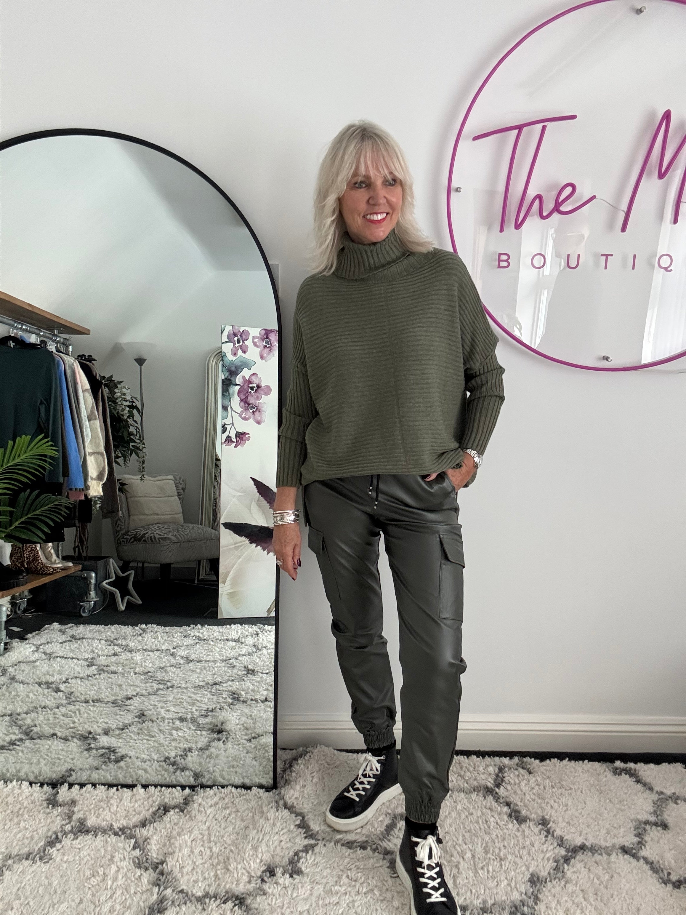 Leather Look Cargo Joggers in Khaki