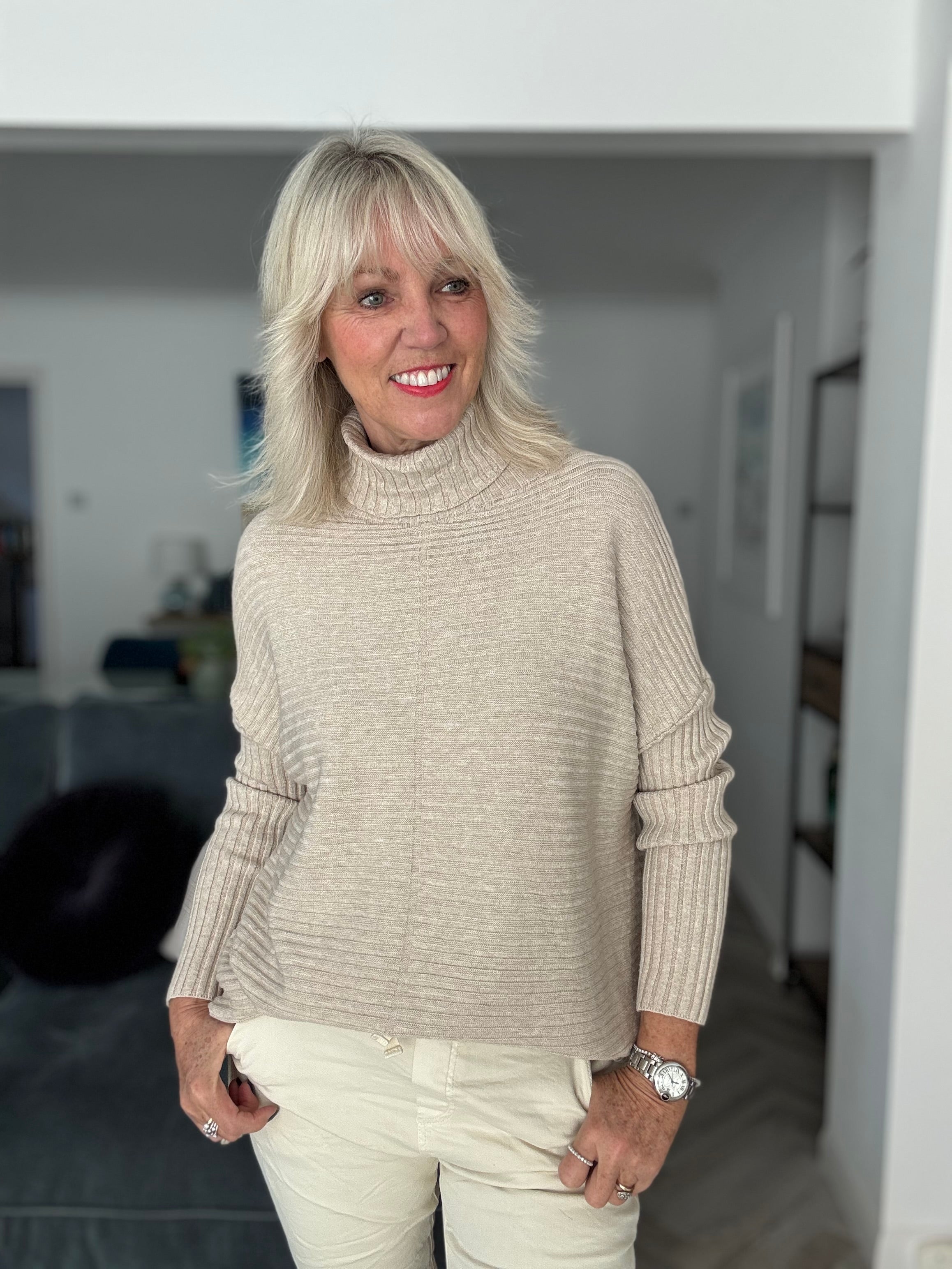Ribbed Roll Neck Poncho Jumper in Latte