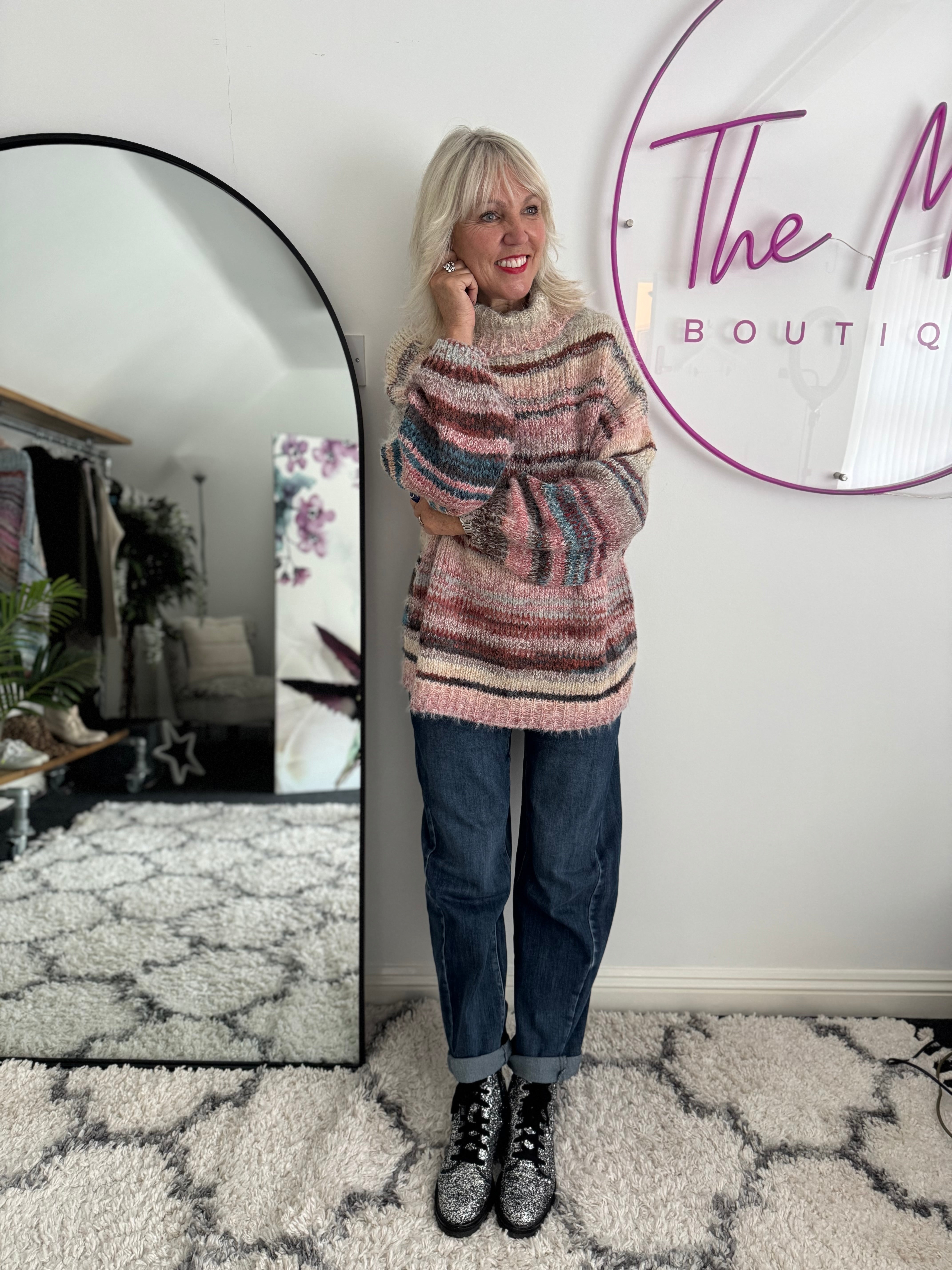 Oversized Stripe Roll Neck Jumper in Pink & Teal