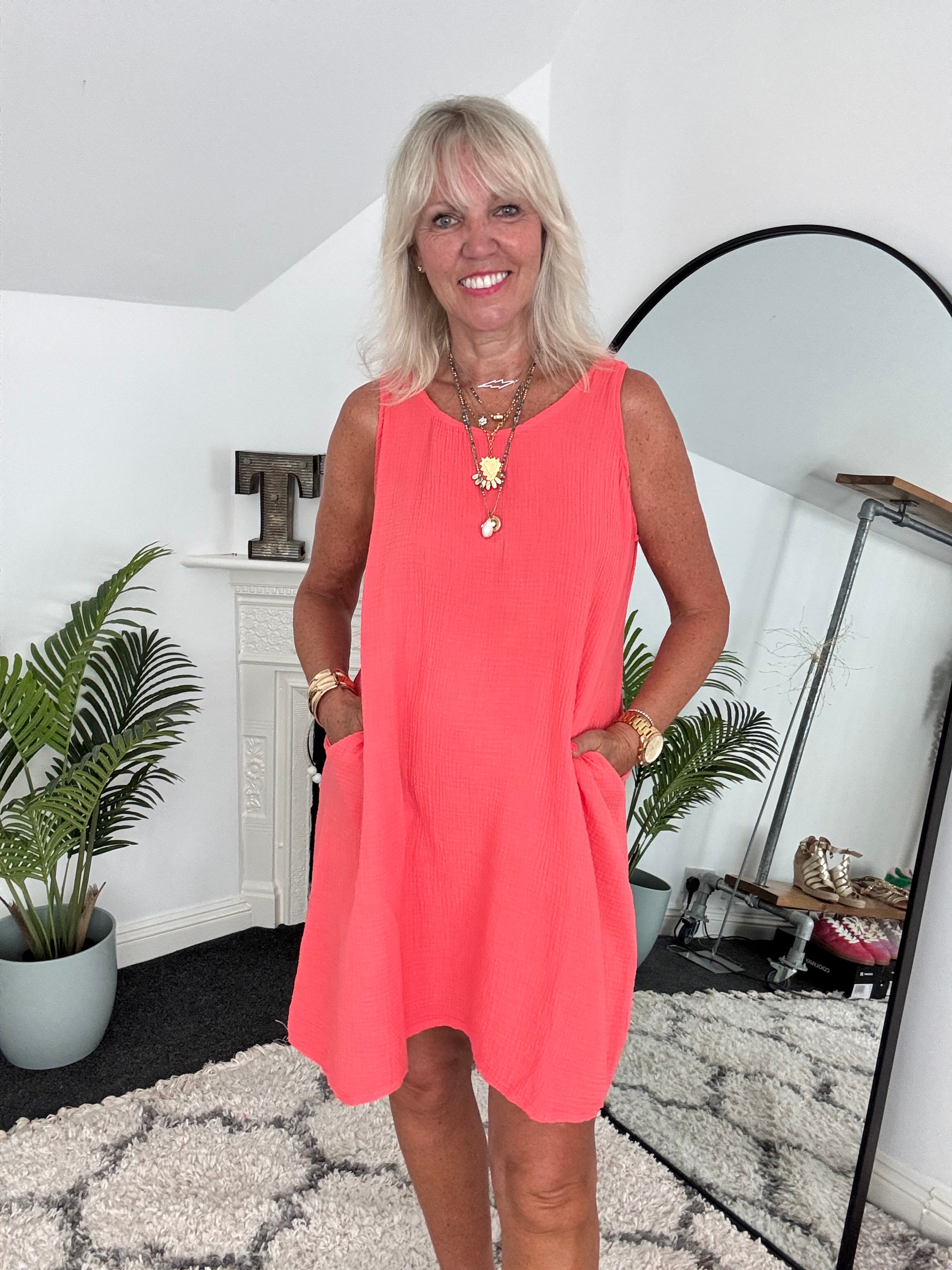Simple Cheesecloth Pocket Dress in Coral