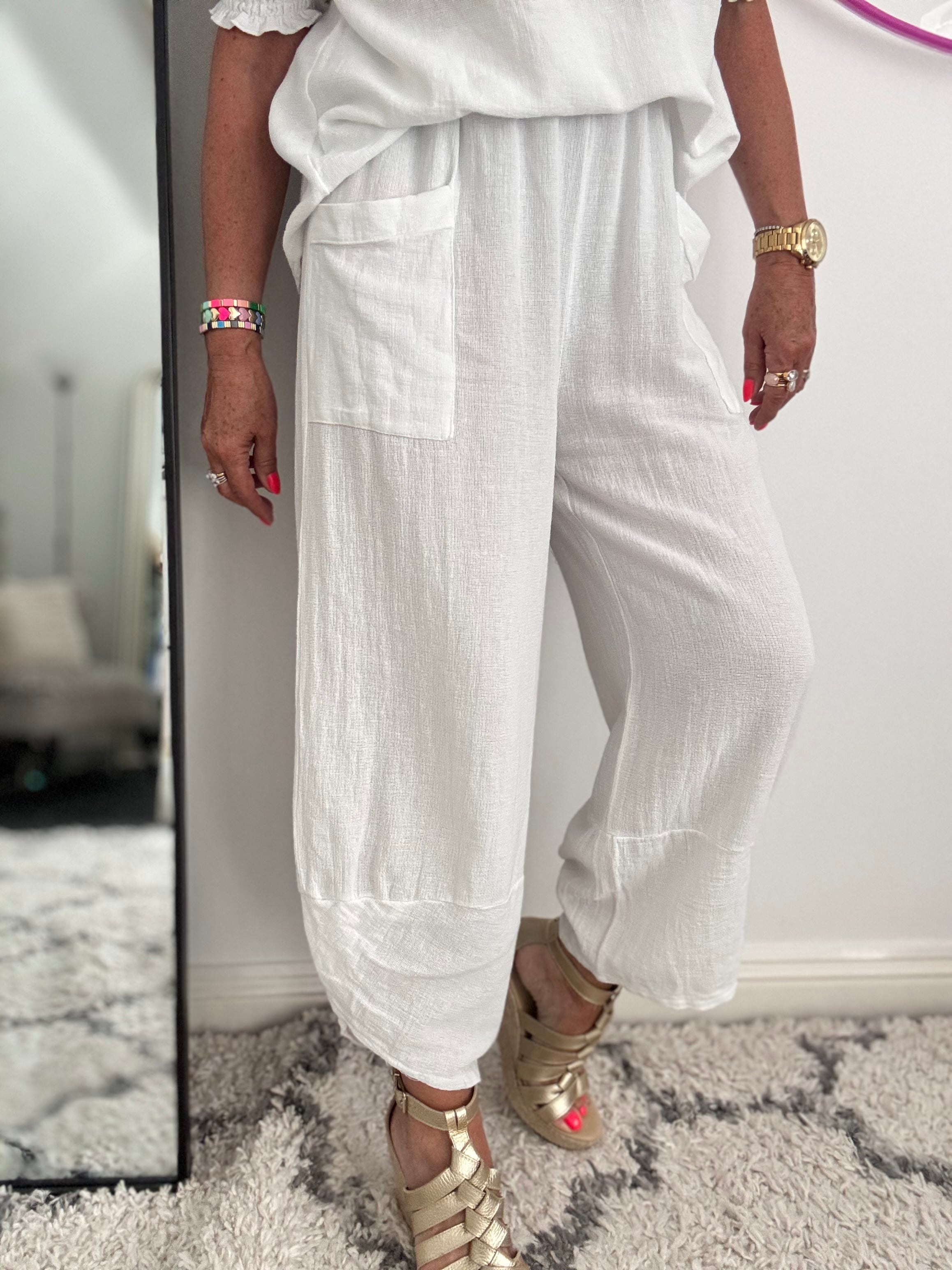 Linen & Cotton Barrel Trousers in White