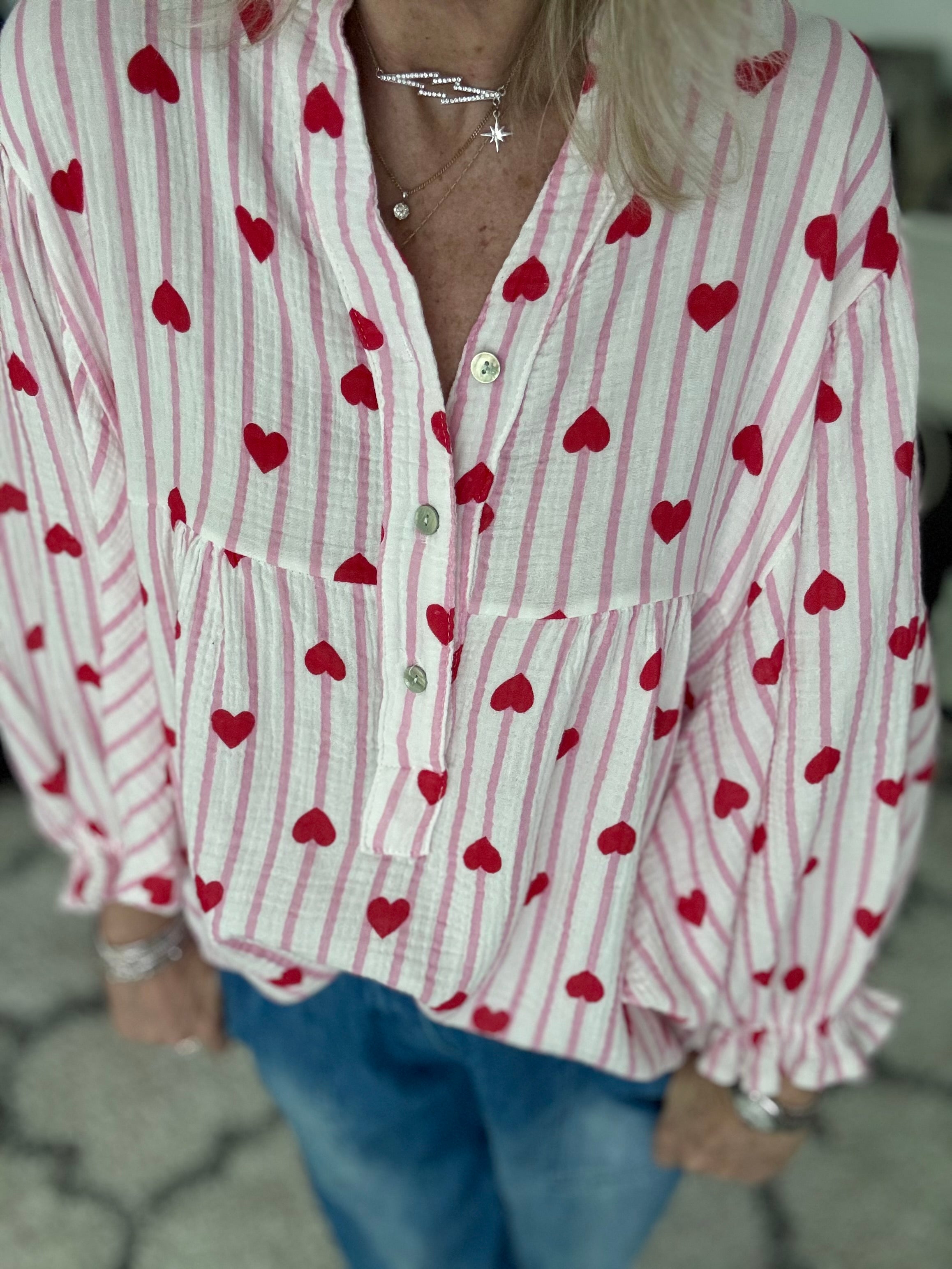 Oversized Cheesecloth Heart Blouse in Pink & Red