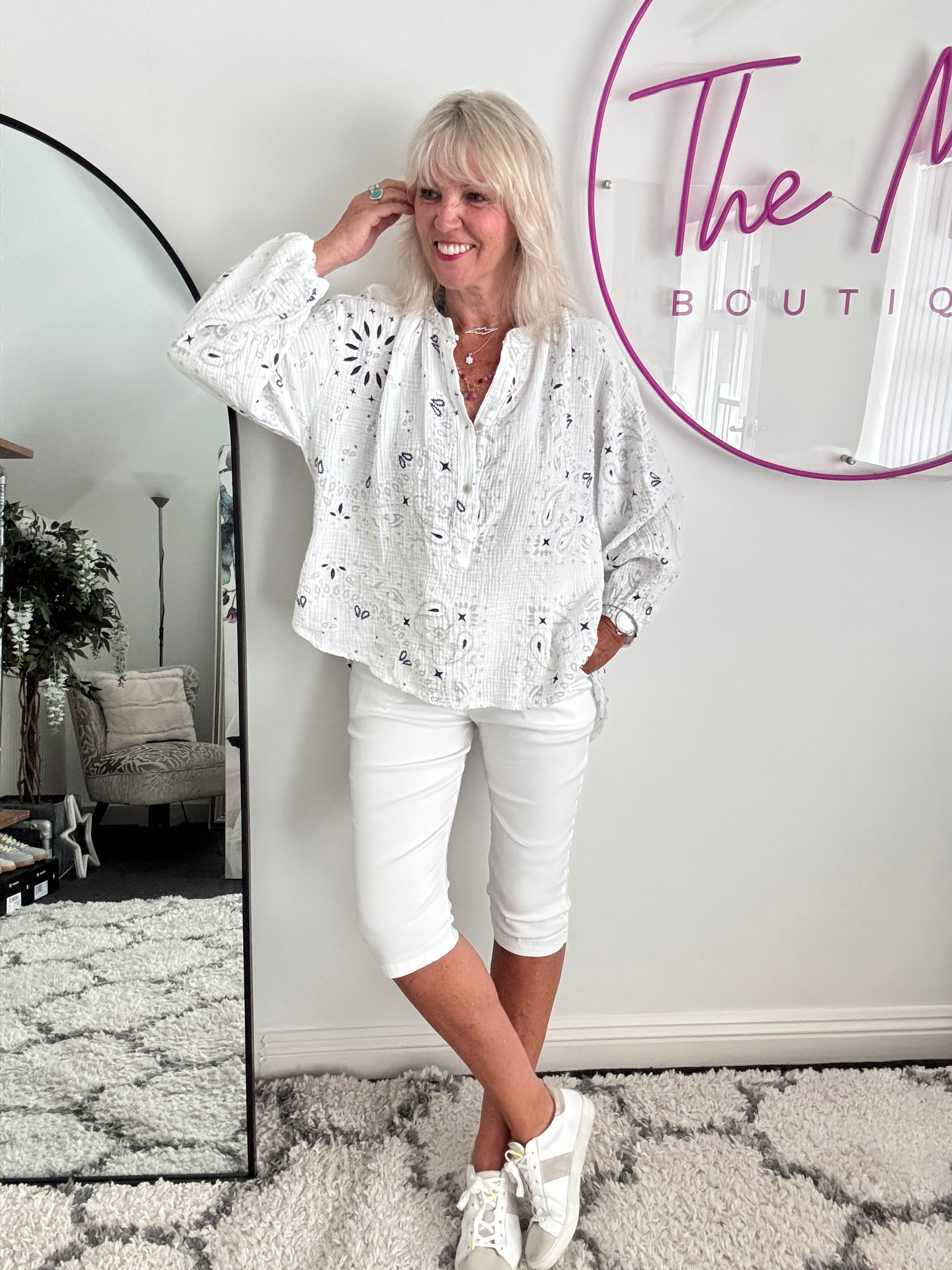 Oversized Paisley Cheesecloth Shirt in White