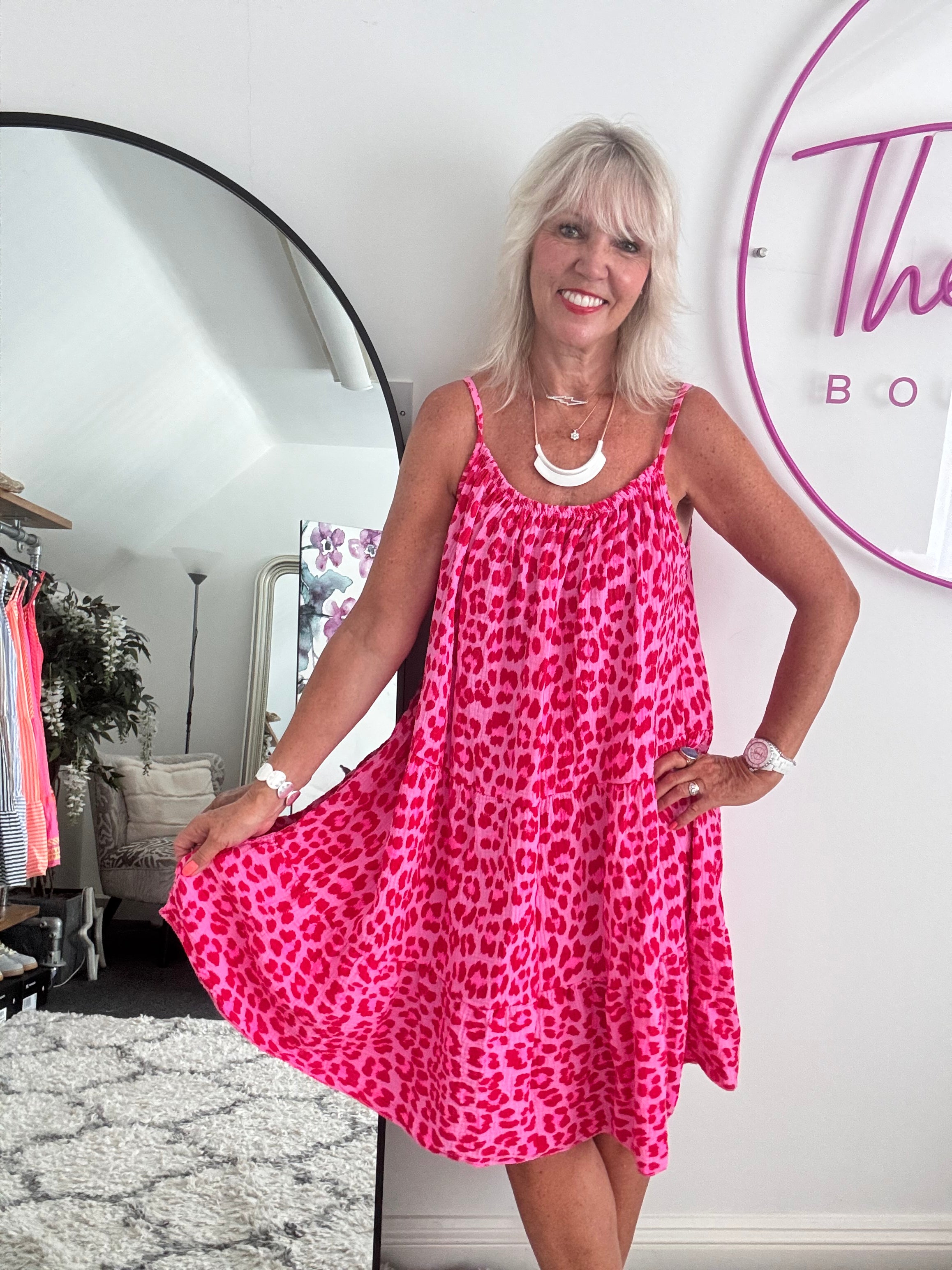 Leopard Cheesecloth Dress in Red & Candy Pink
