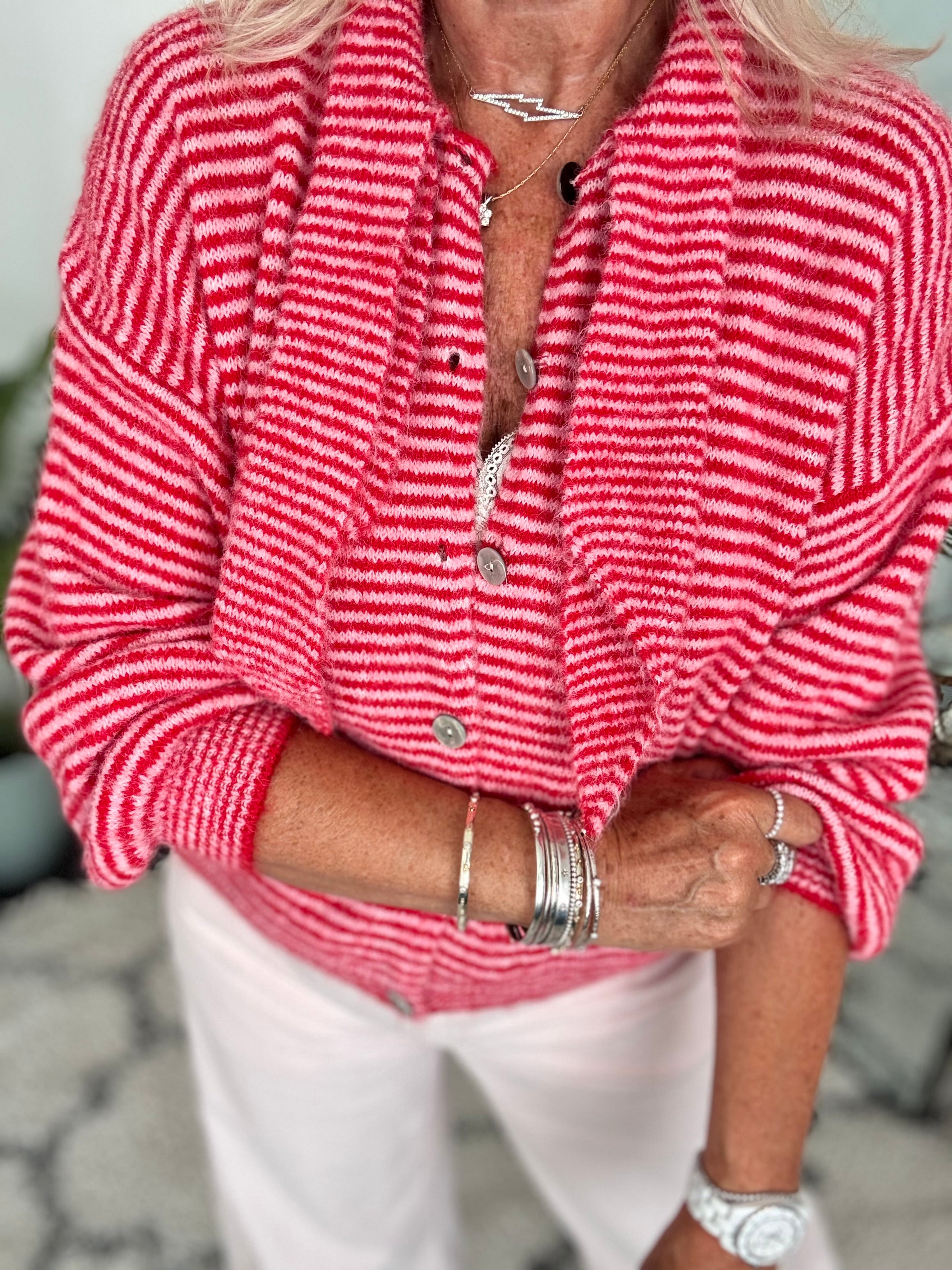 Neck Tie Stripe Cardi in Pink & Red