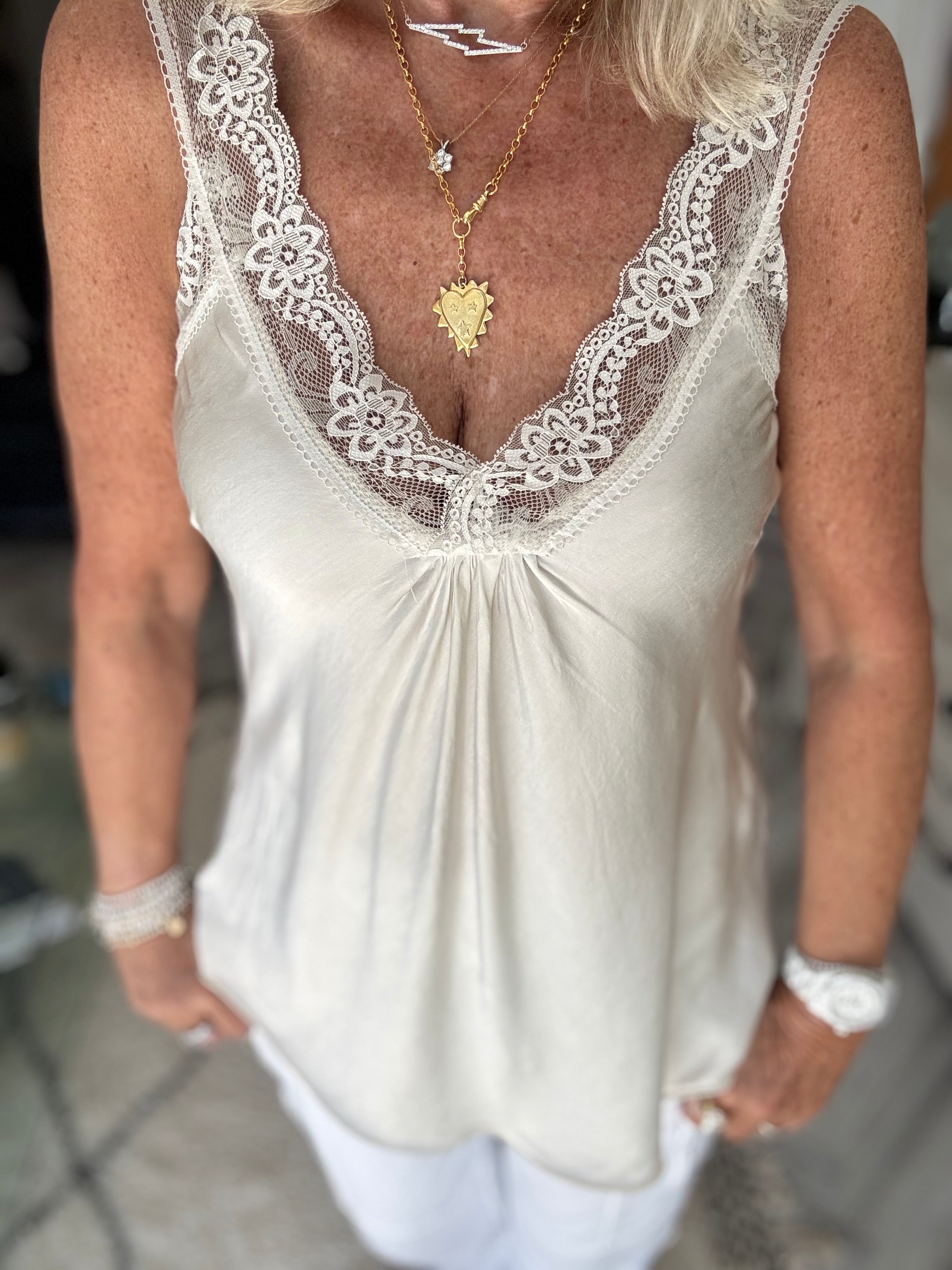 Lace Trim Silk Cami in Silvery Ecru