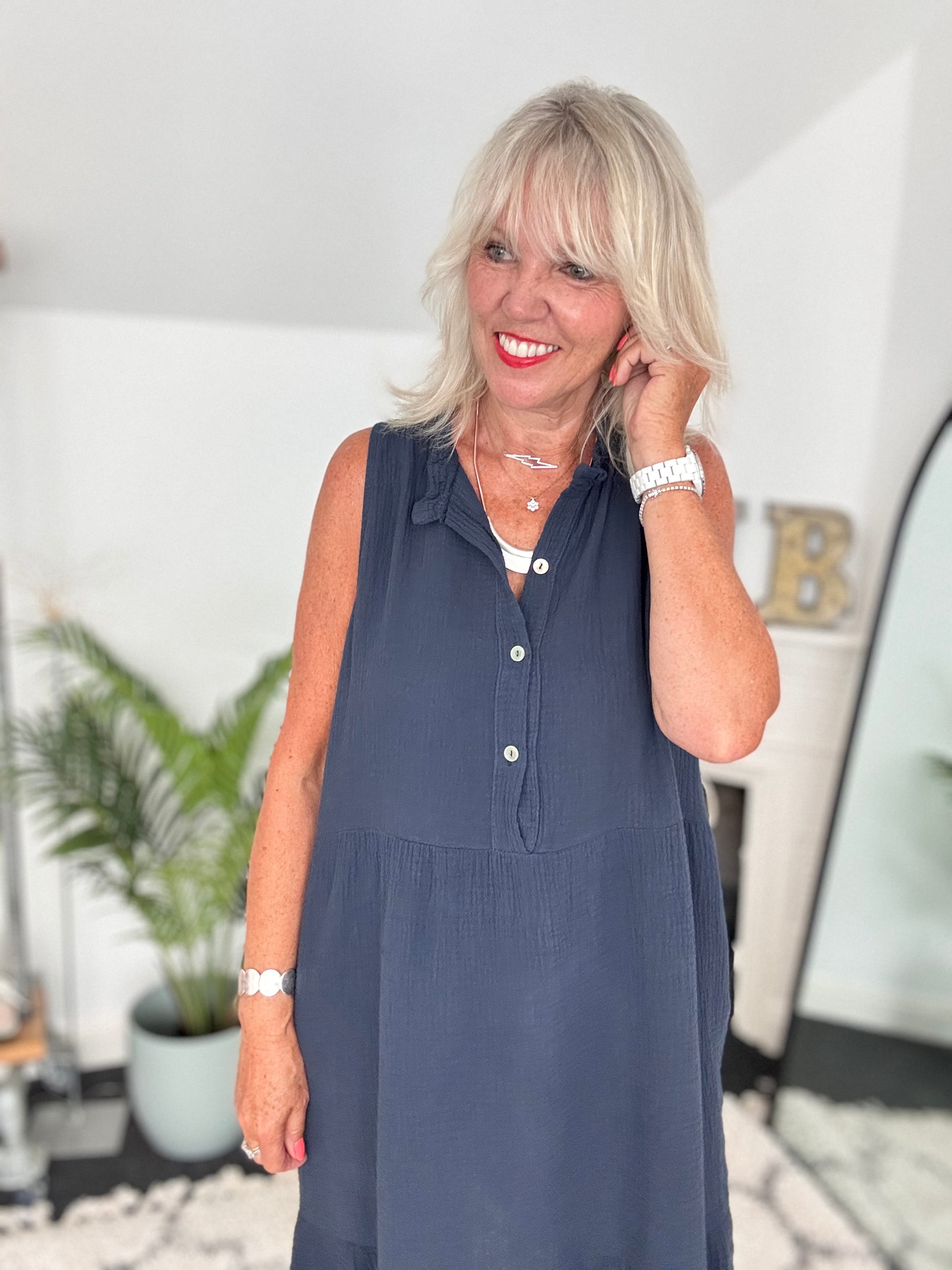 Cheesecloth Dress with Button Front in Navy