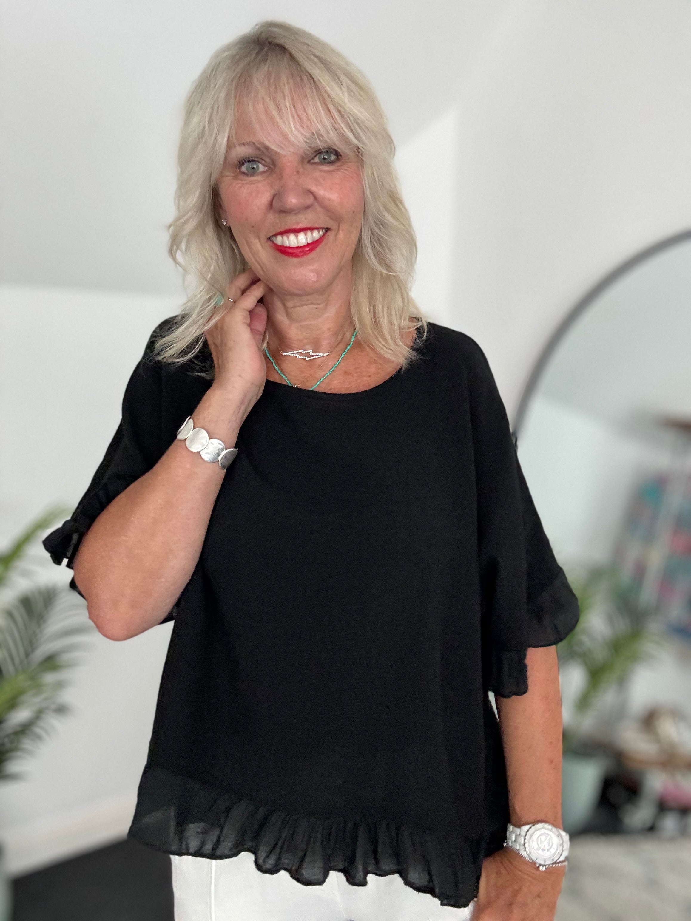 Linen & Cotton Ruffle Edge Top in Black
