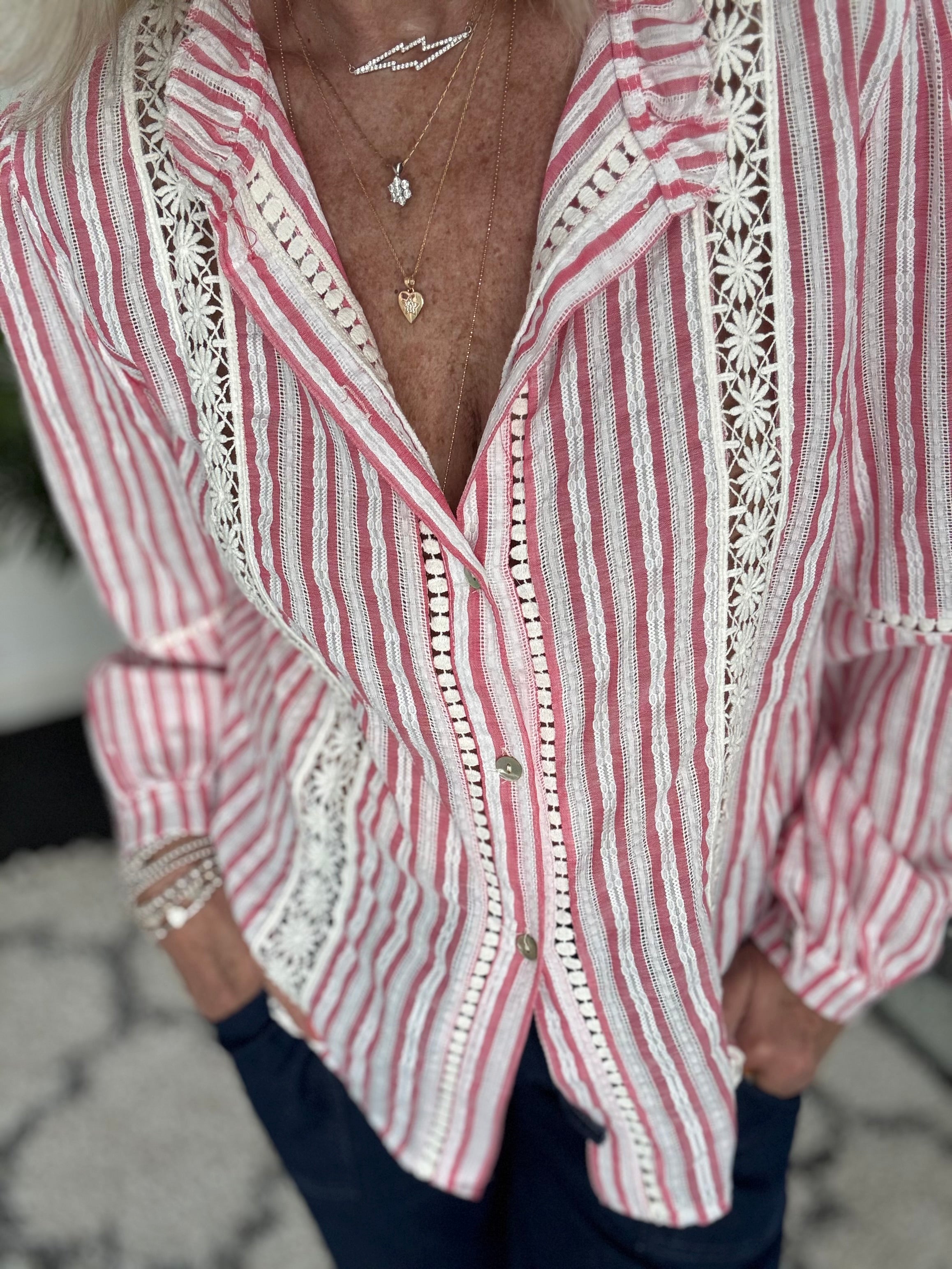 Cotton & Lace Shirt in Coral Pink & White