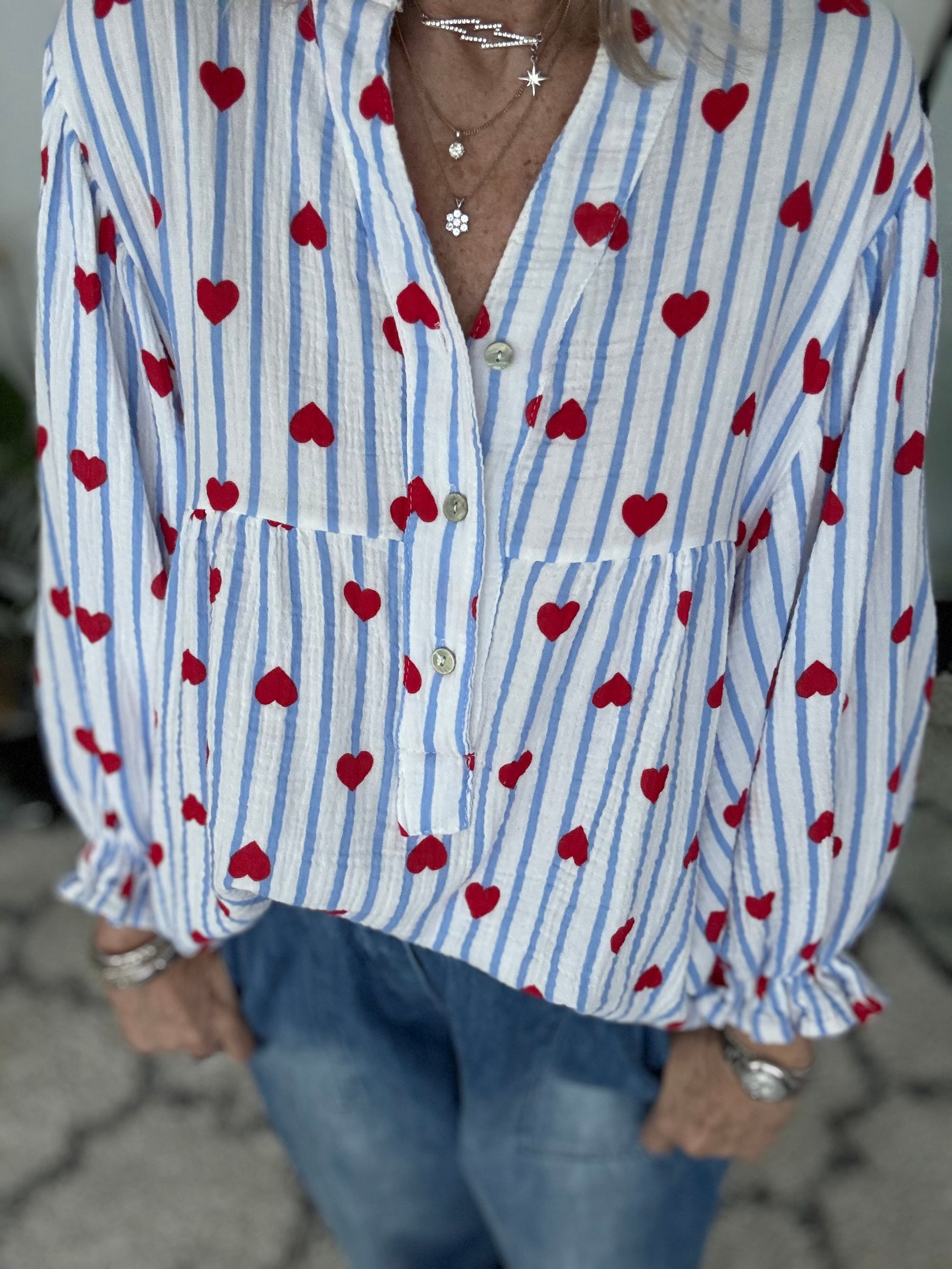 Oversized Cheesecloth Heart Blouse in Blue & Red