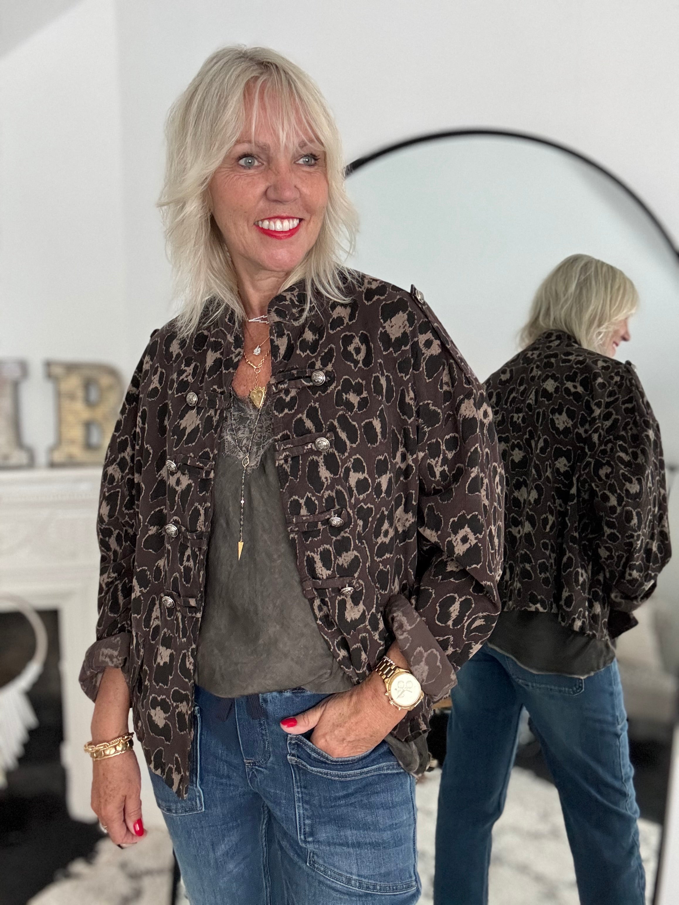 Needlecord Military Jacket in Mocha Leopard