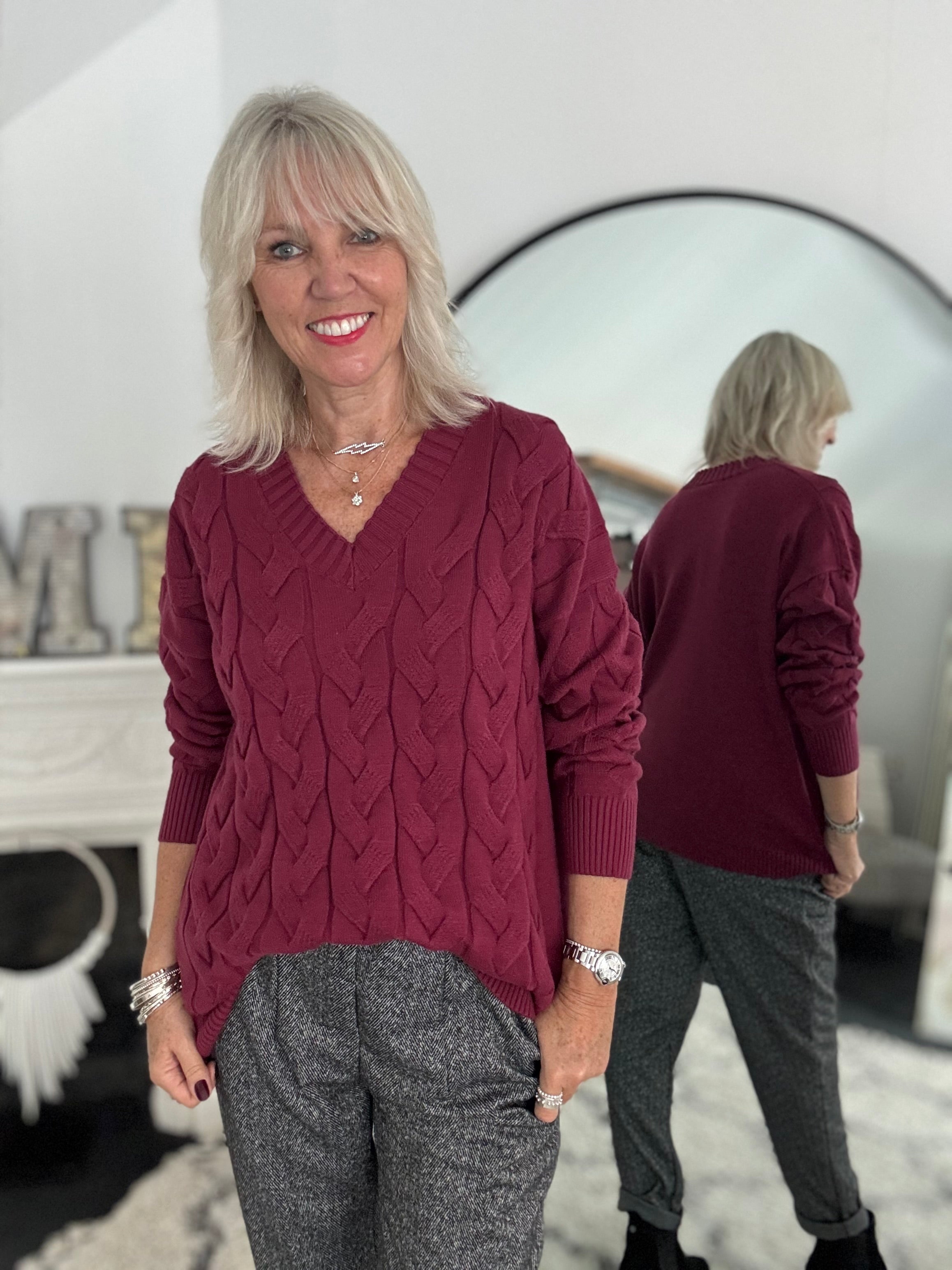 V Neck Cable Jumper in Berry