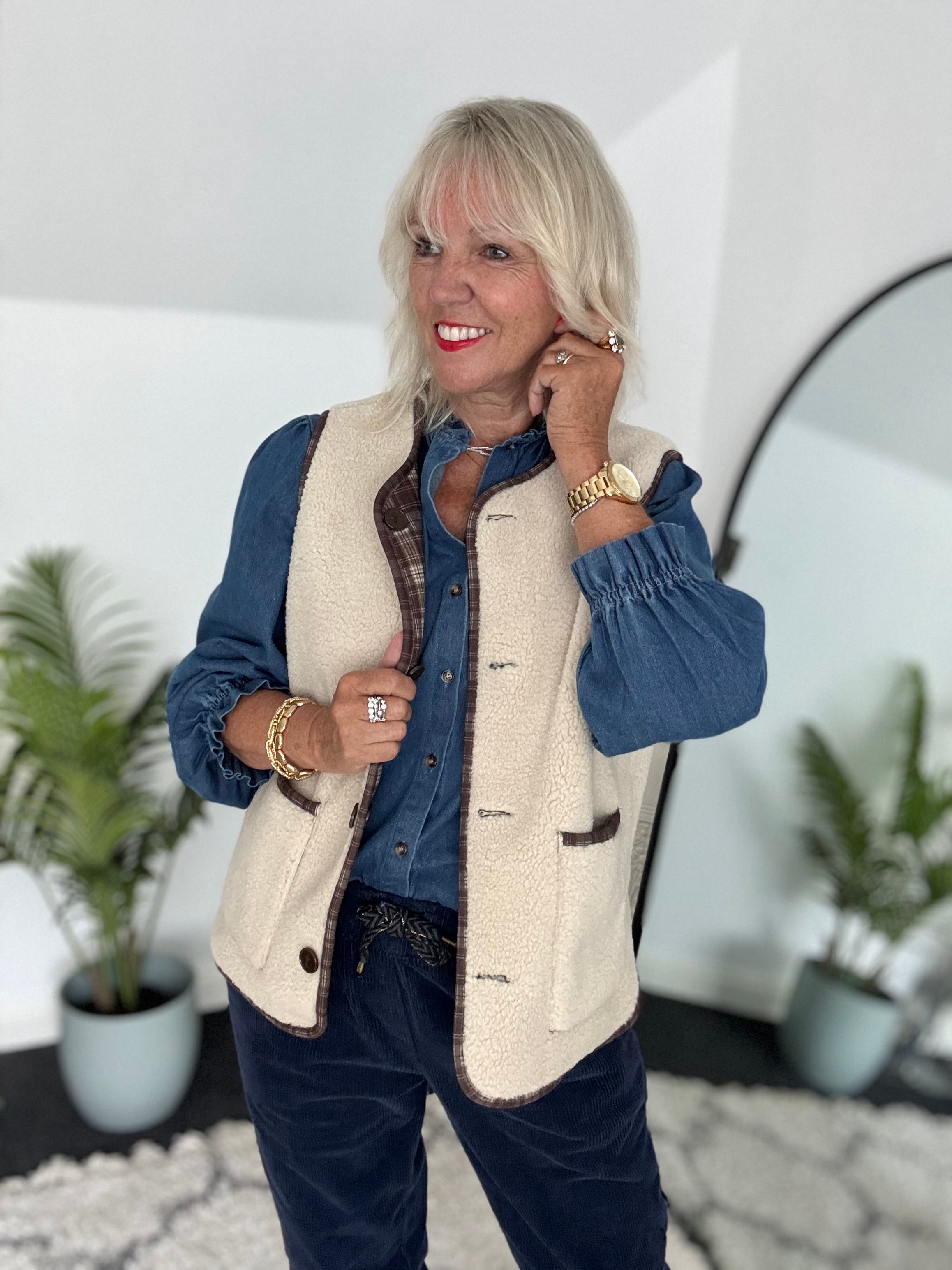 Reversible Boucle & Check Gilet in Ecru and Chocolate