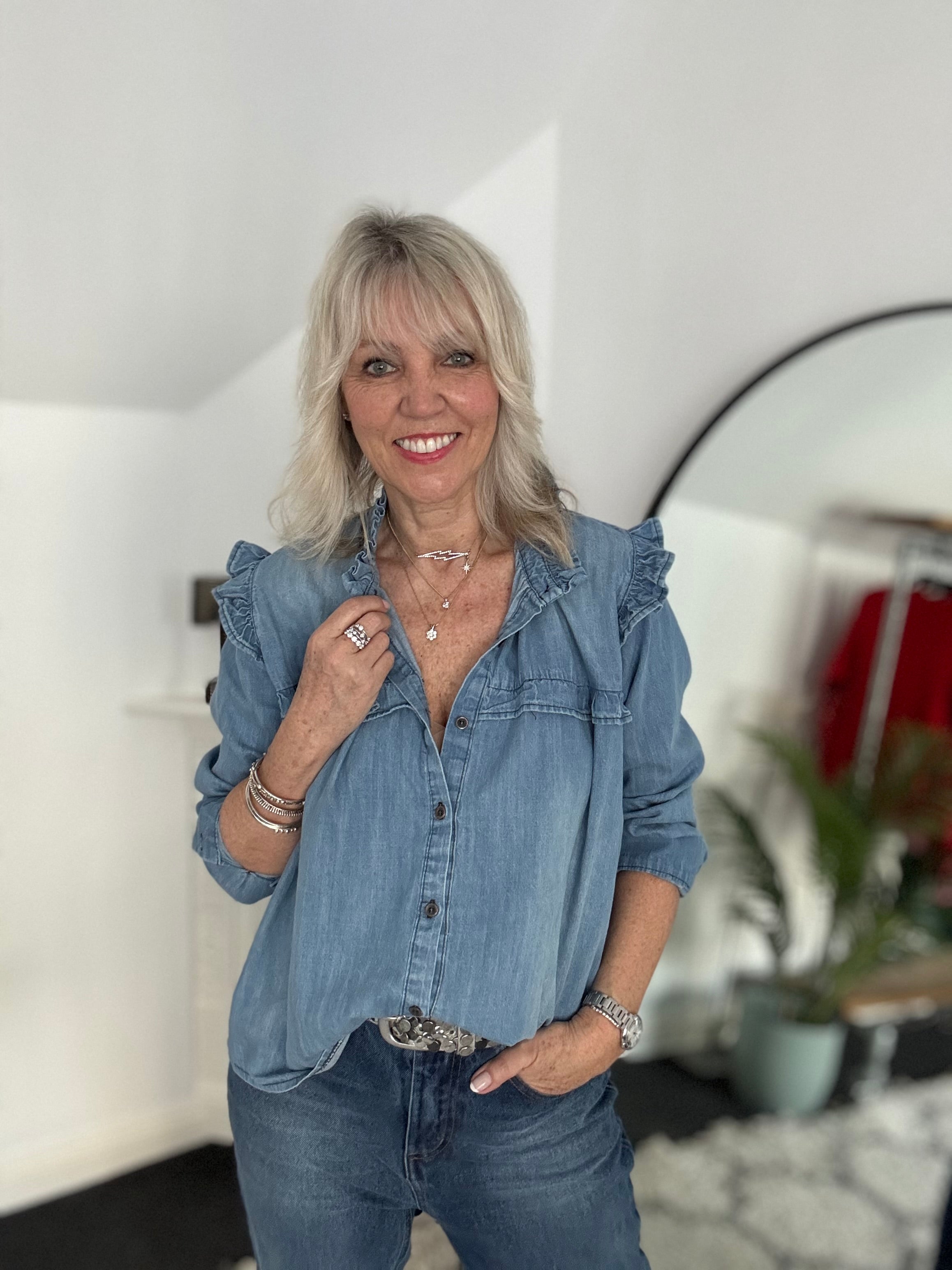 Luxe Ruffle Blouse in Mid Denim