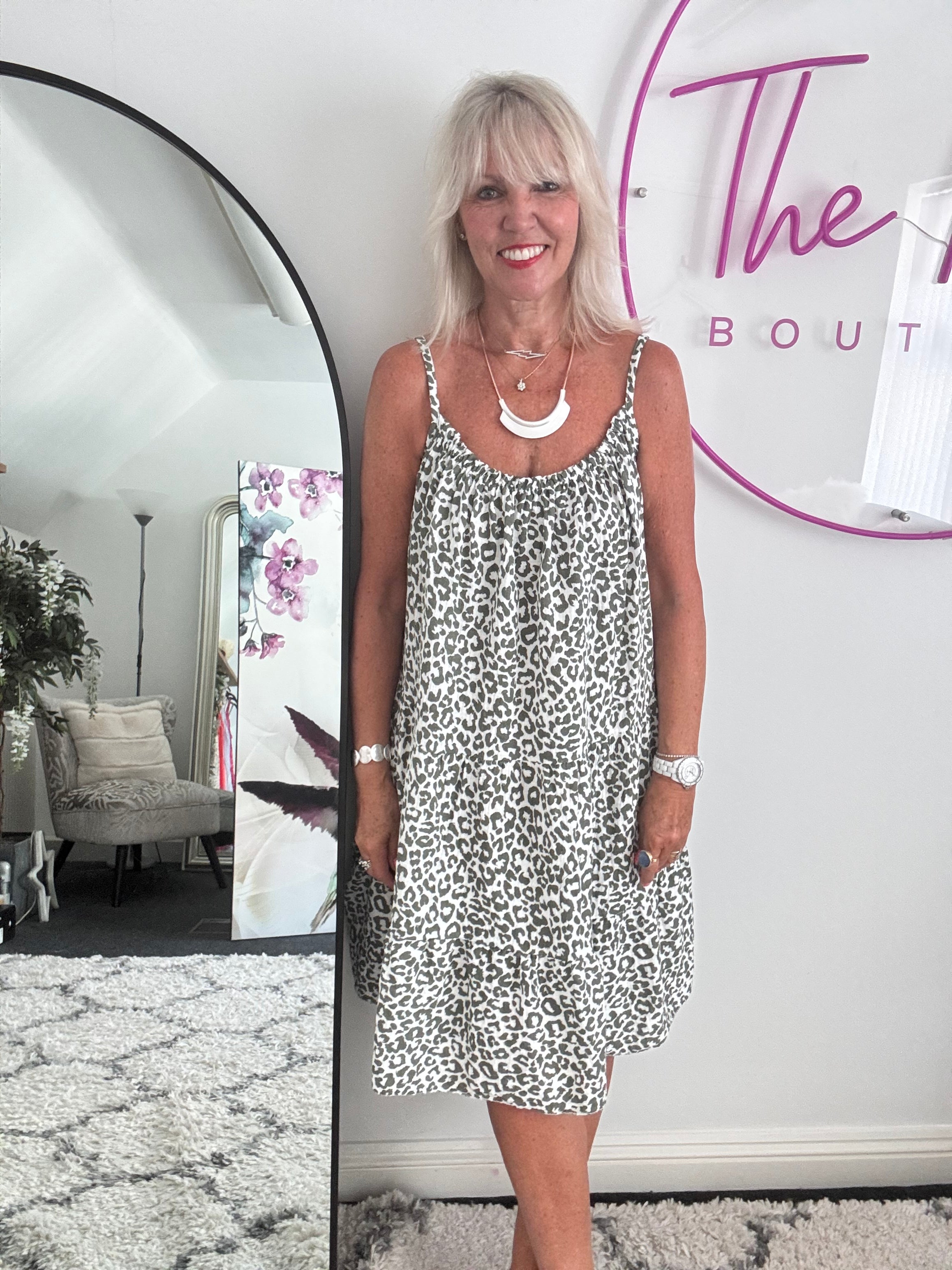 Leopard Cheesecloth Dress in Khaki & White