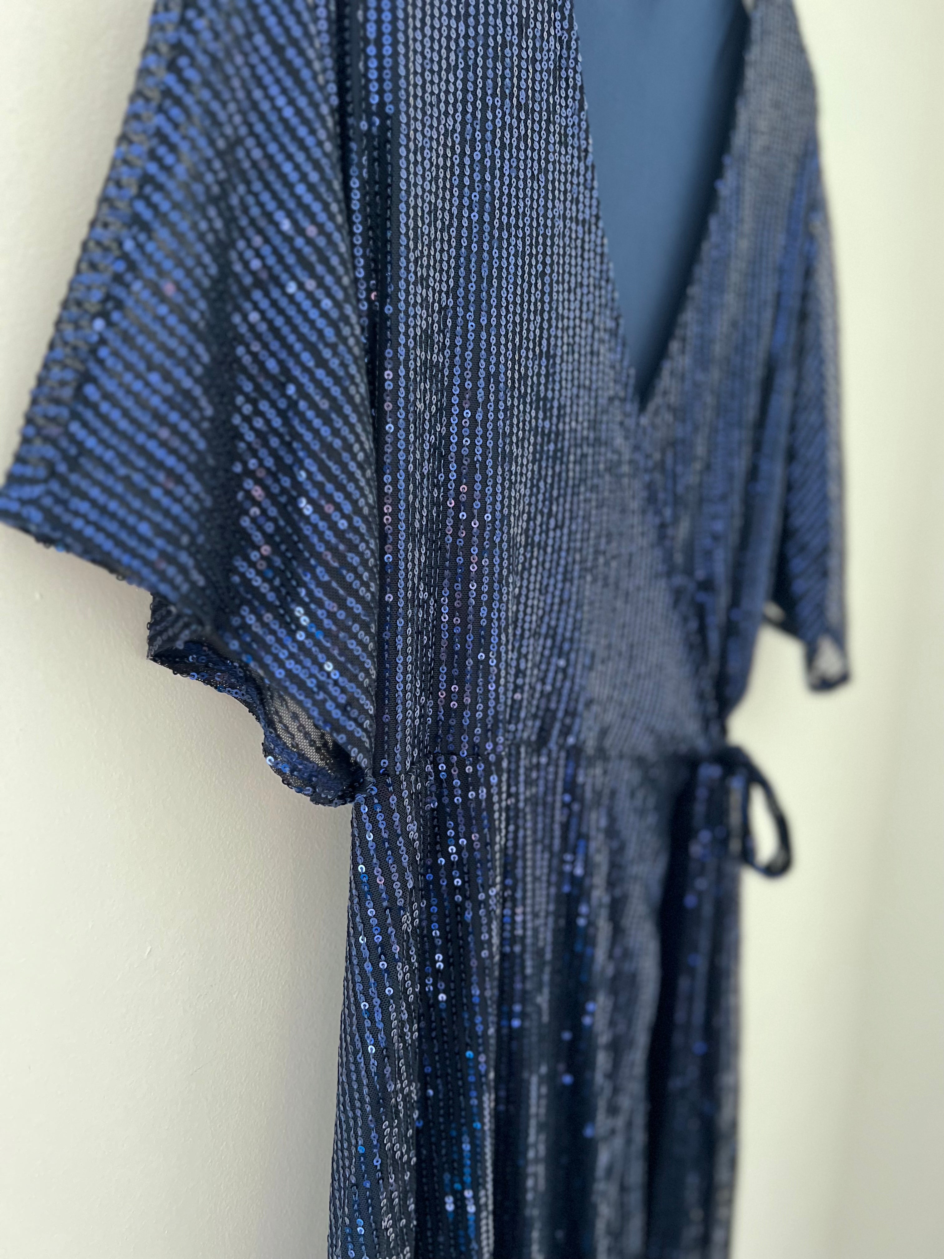 Sequin Wrap Dress in Midnight Blue