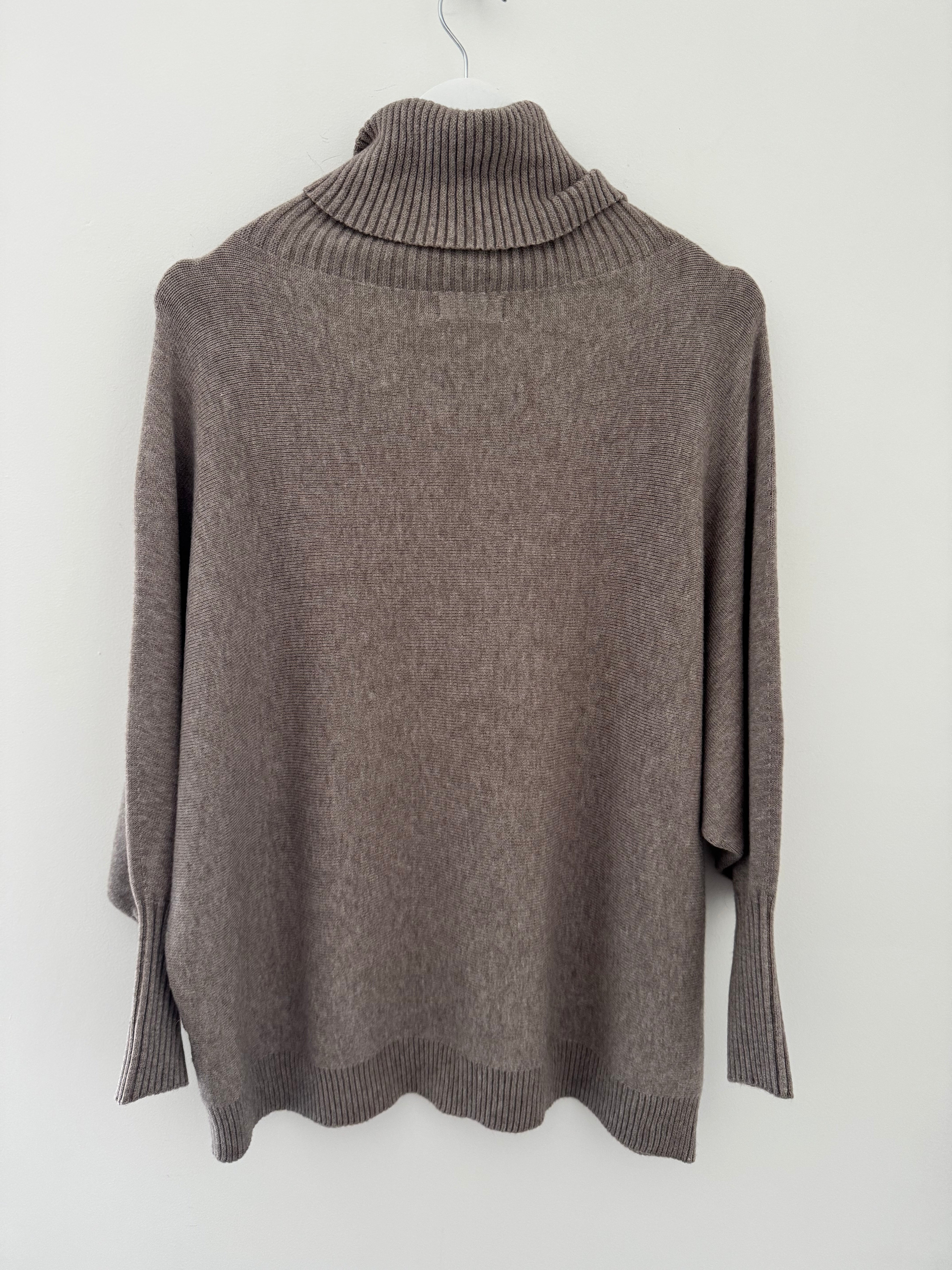 Oversized Roll Neck Poncho Jumper in Mocha