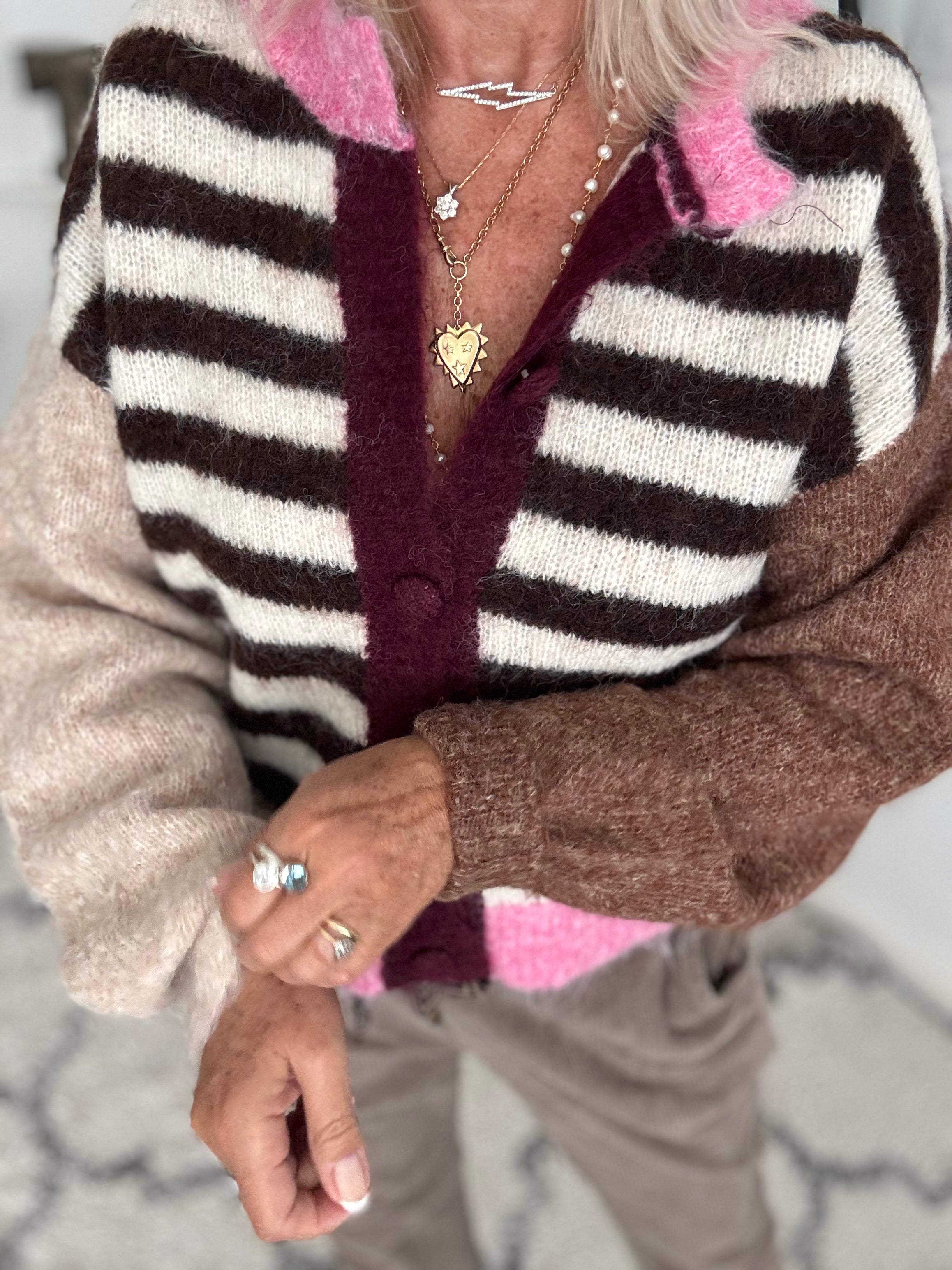 Stripe Mohair Cardi in Pink & Cocoa