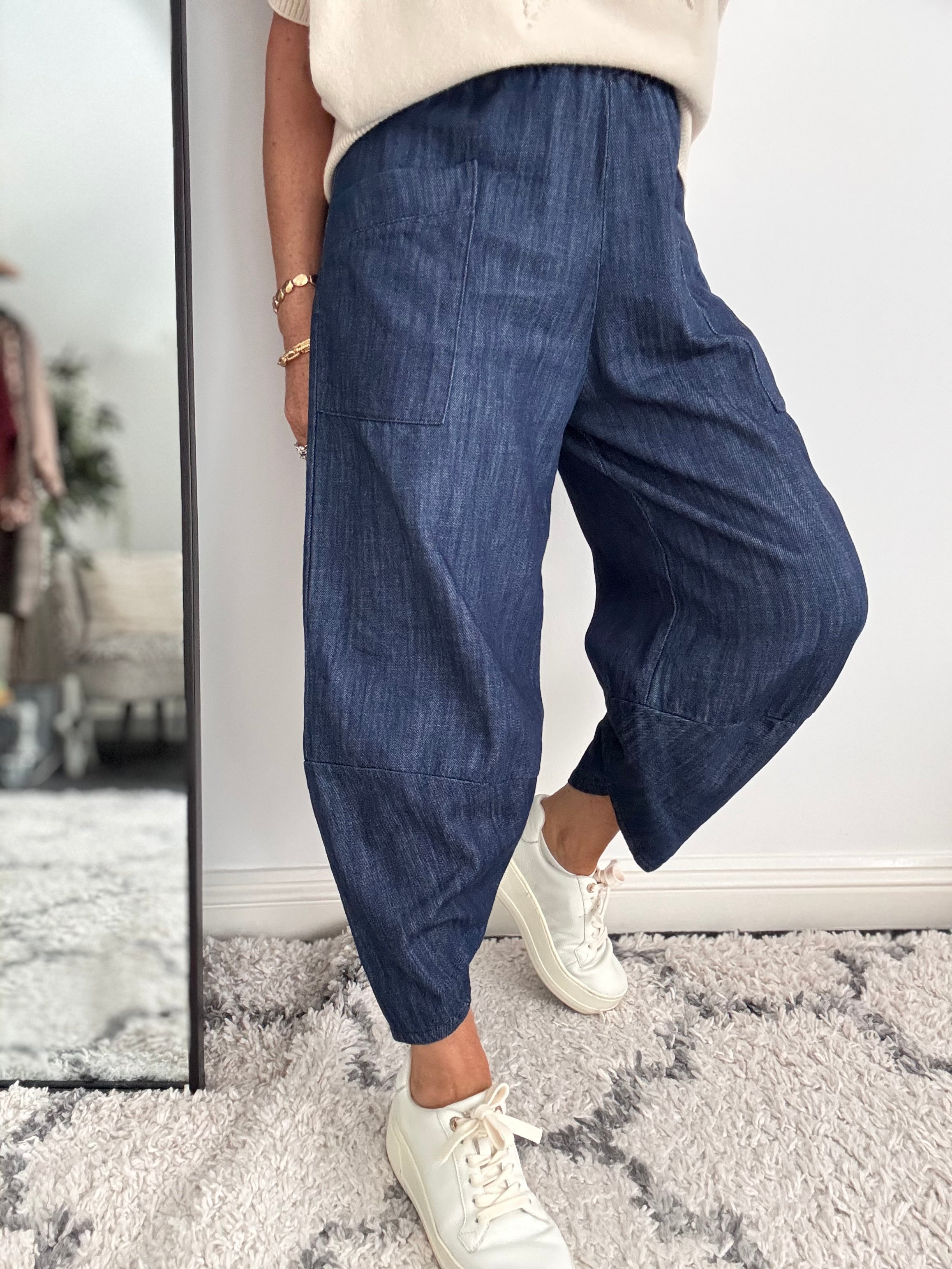 Premium Barrel Leg Trousers in Dark Denim