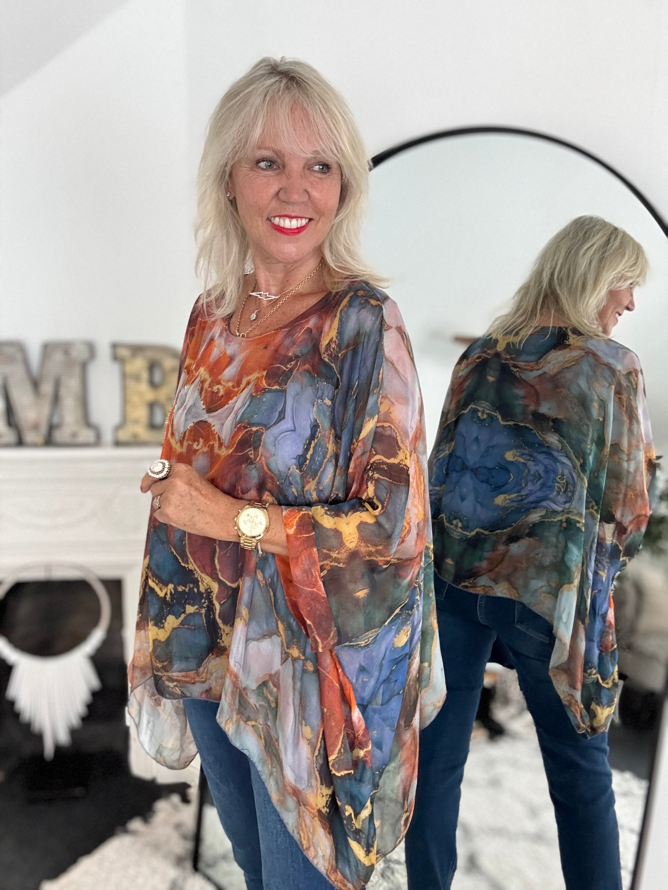 Silk Blouse in Dark Blue & Rust Marble