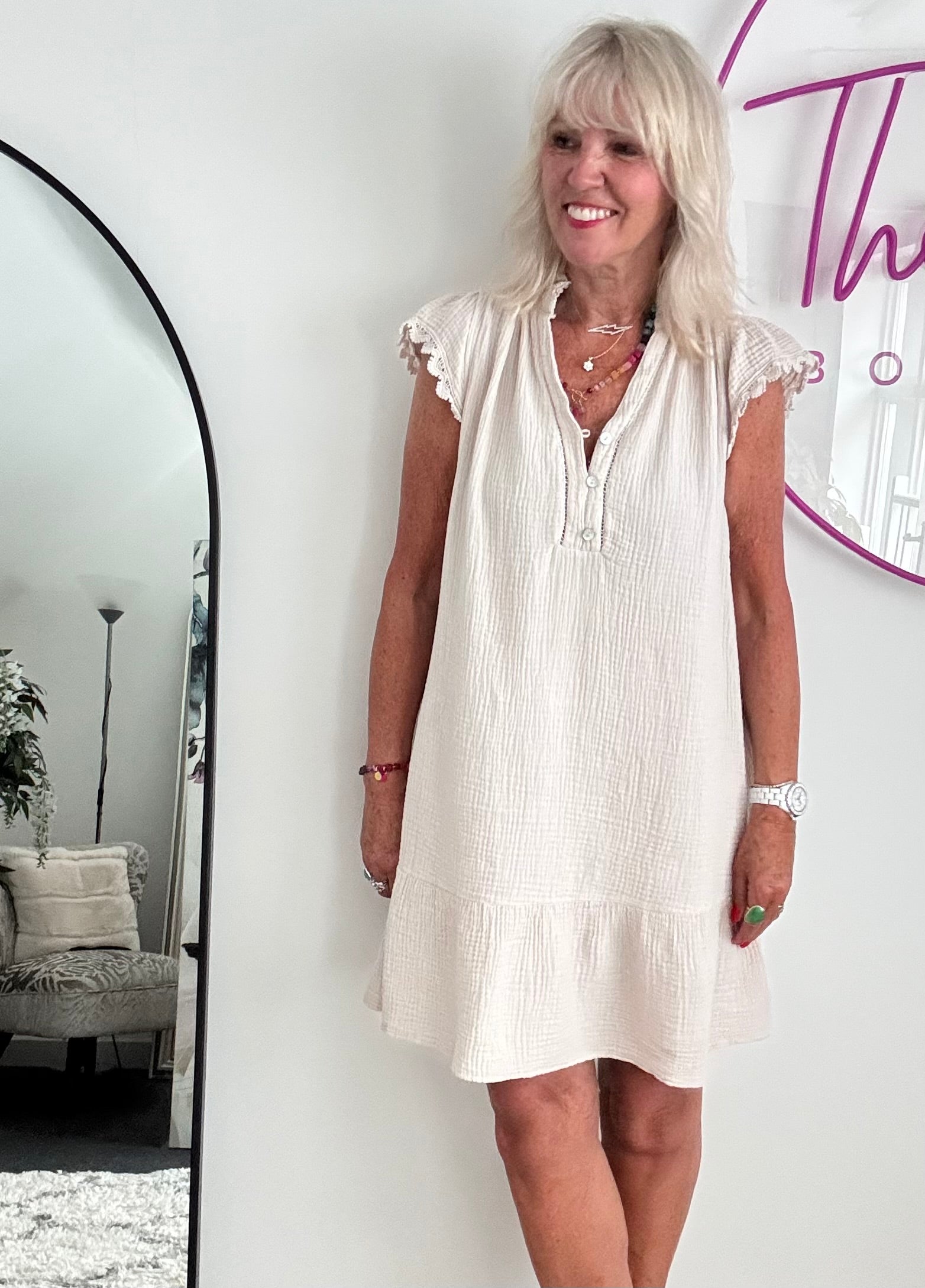 Cheesecloth Dress with Lace Edge Sleeves in Stone