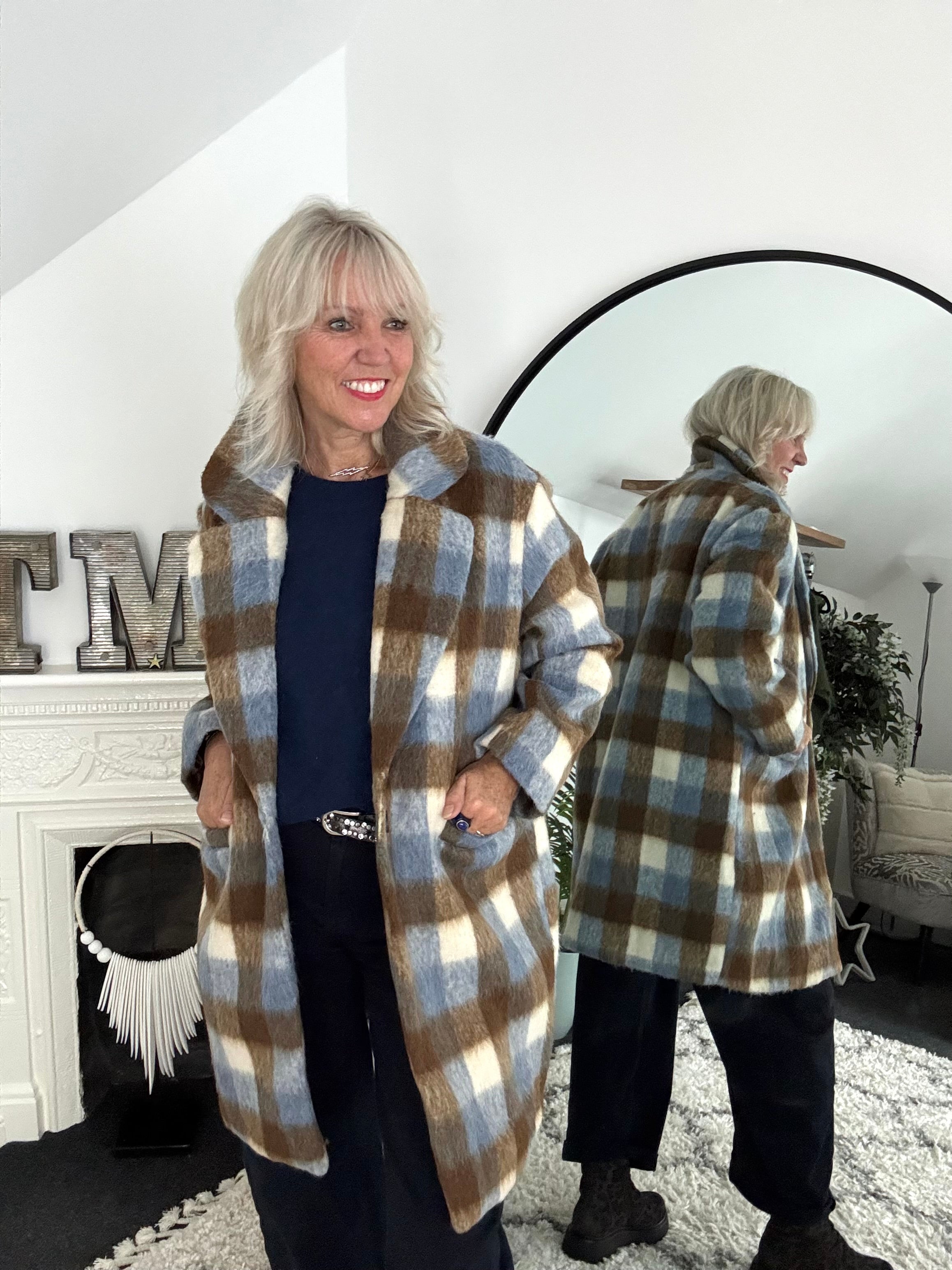 Check Mohair Coat in Blue & Chocolate