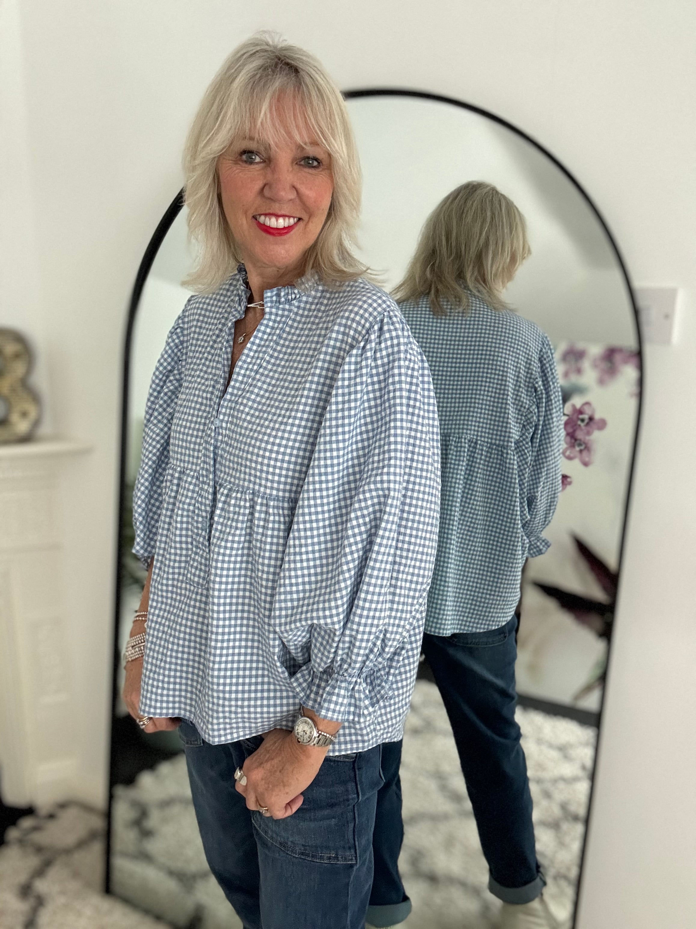 Gingham Seersucker Blouse in Blue