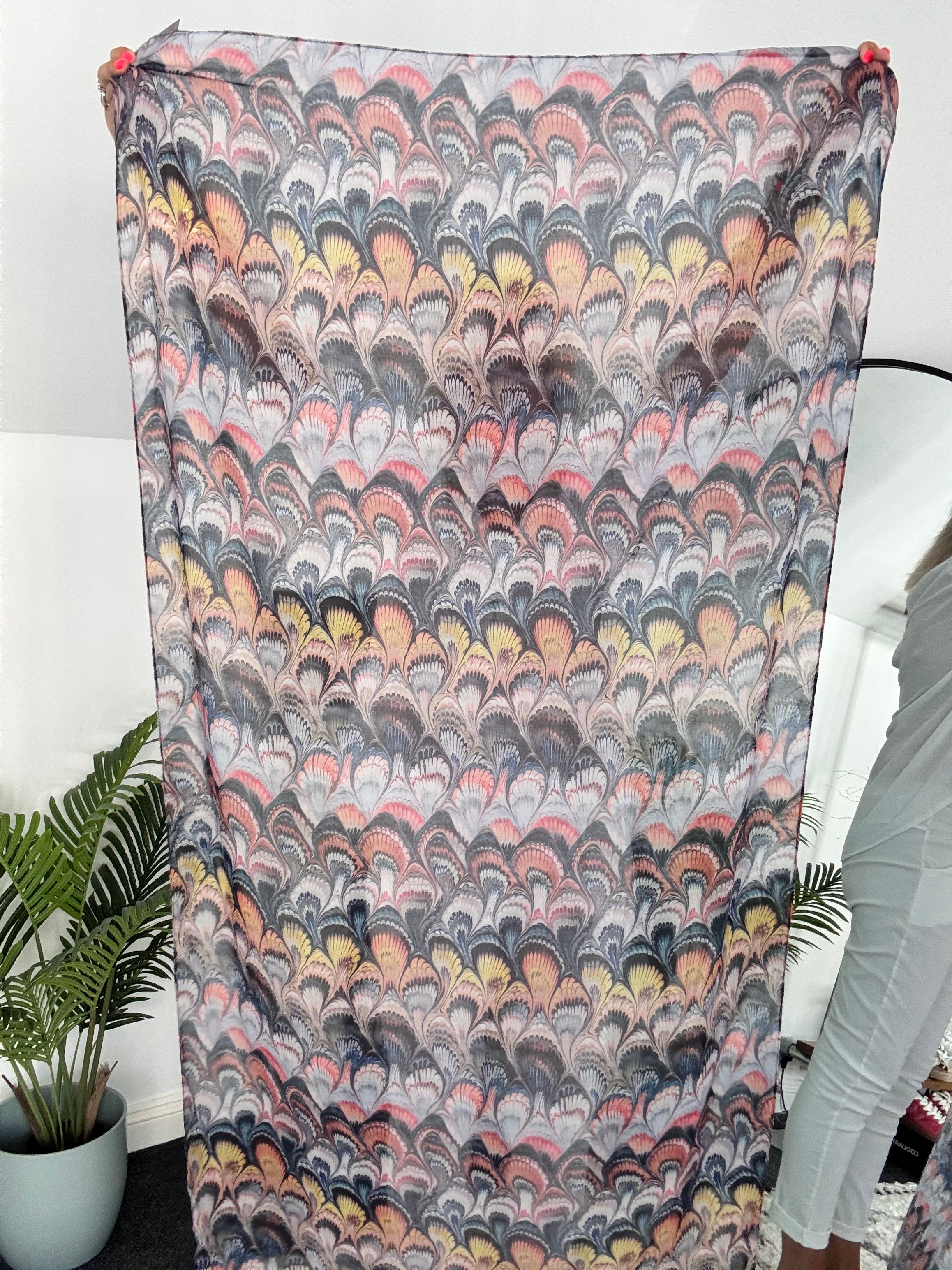 Feather Pattern Multi Coloured Silky Scarf