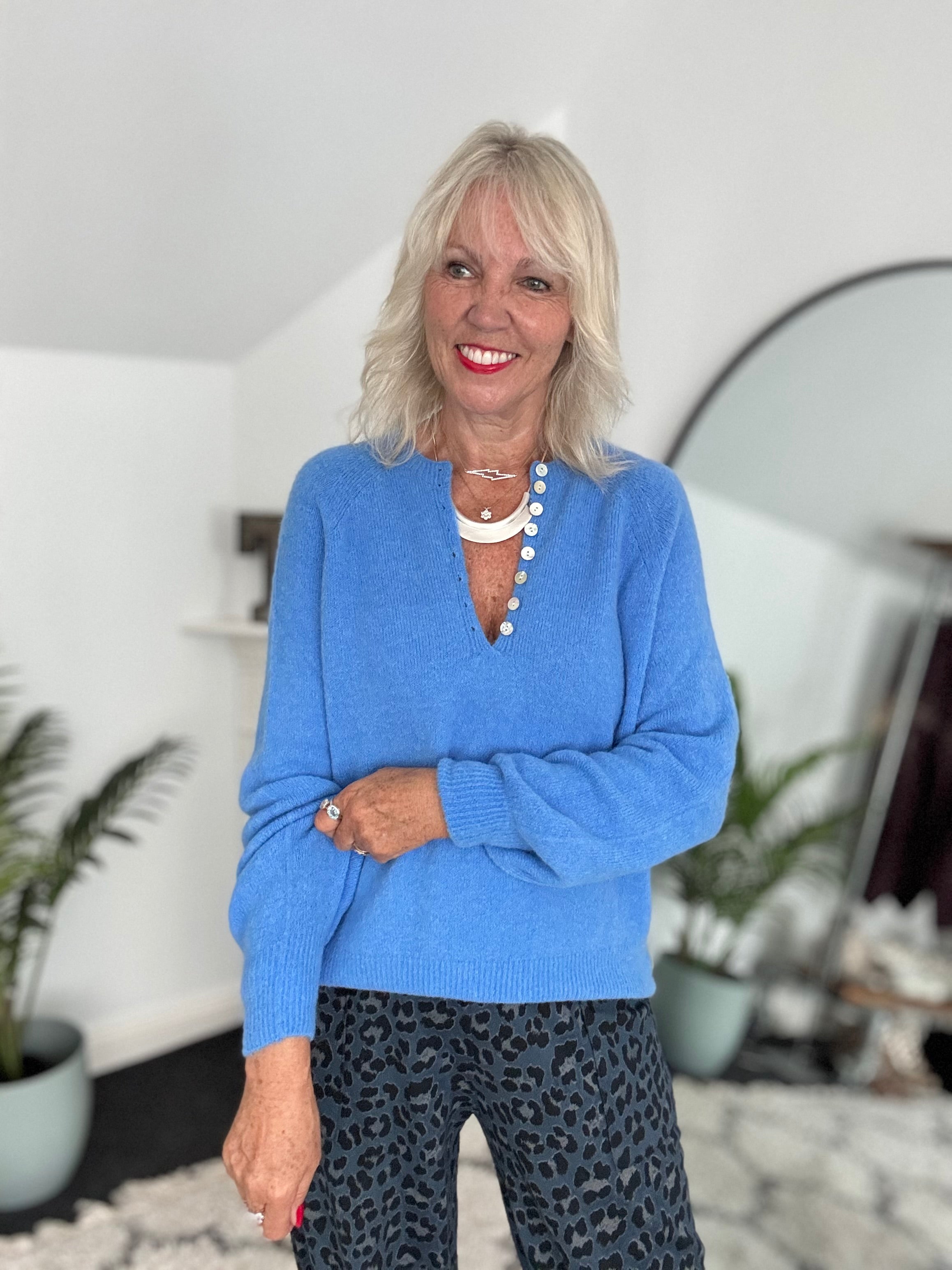 Softie Jumper with Button Neck in Cornflower