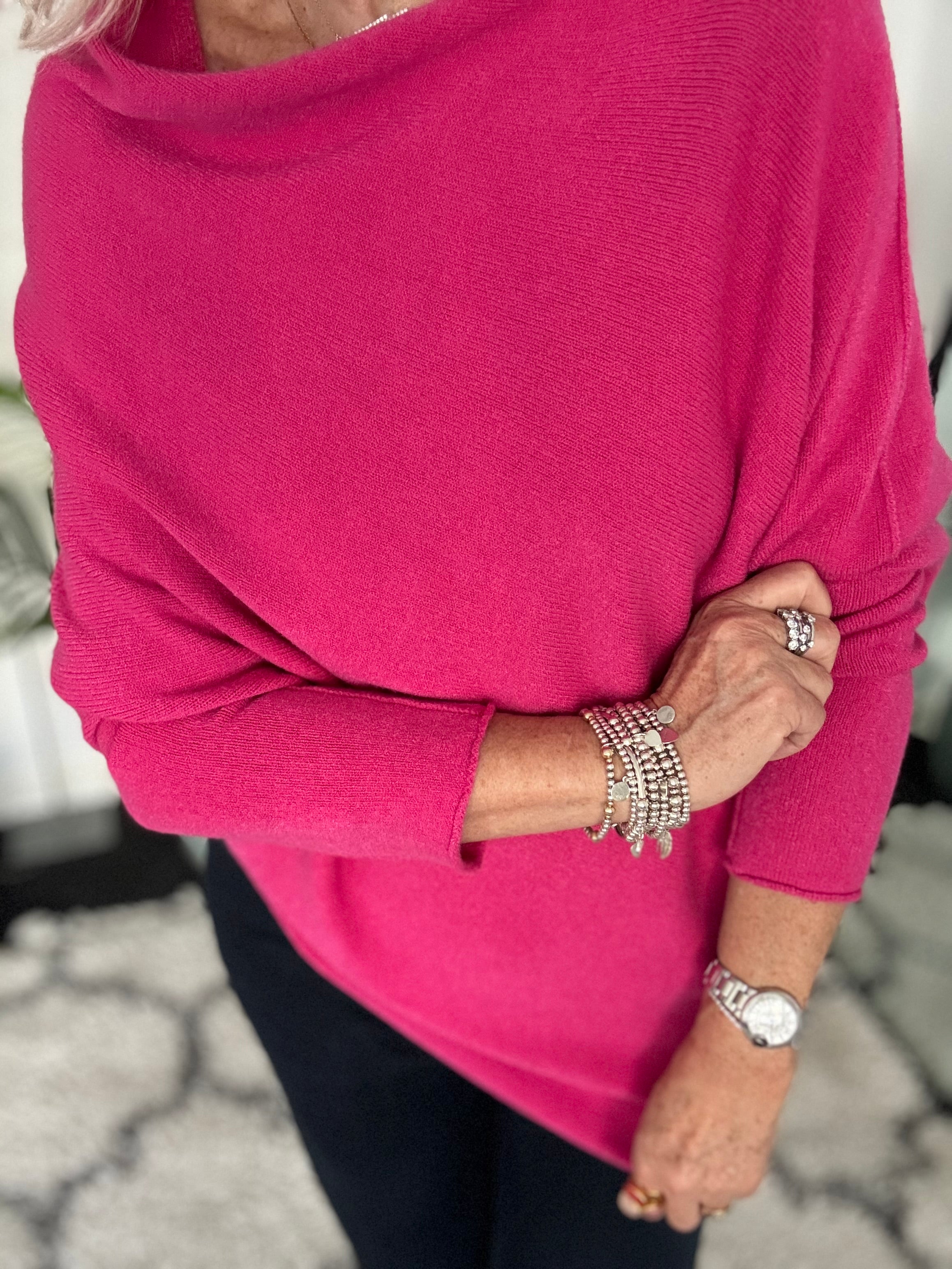 Cowl Neck Asymmetric Jumper in Fuchsia