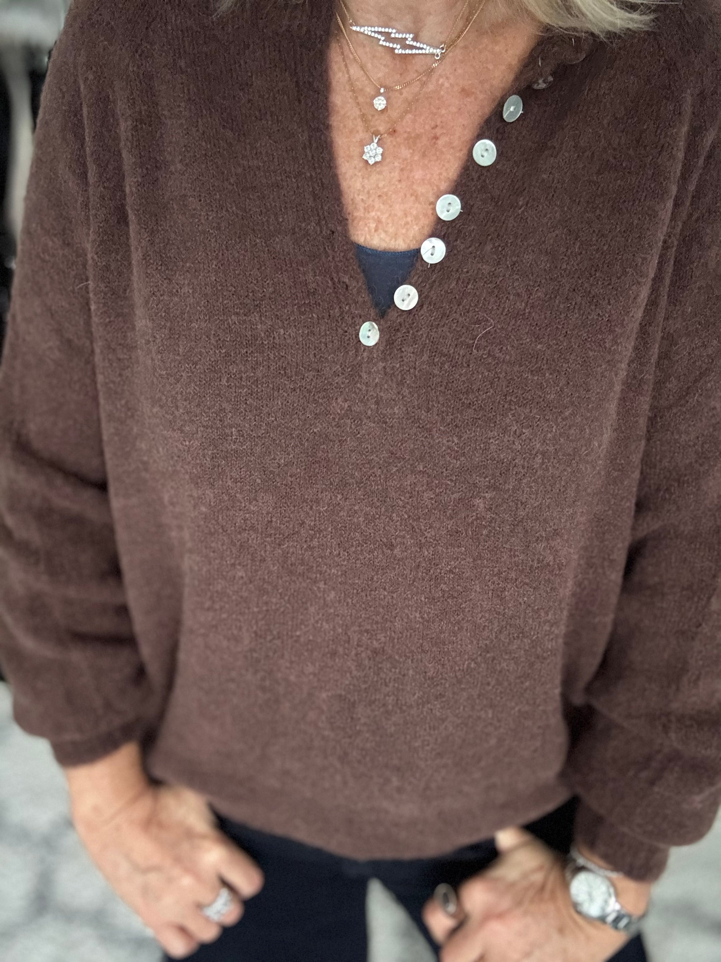 Softie Jumper with Button Neck in Chocolate