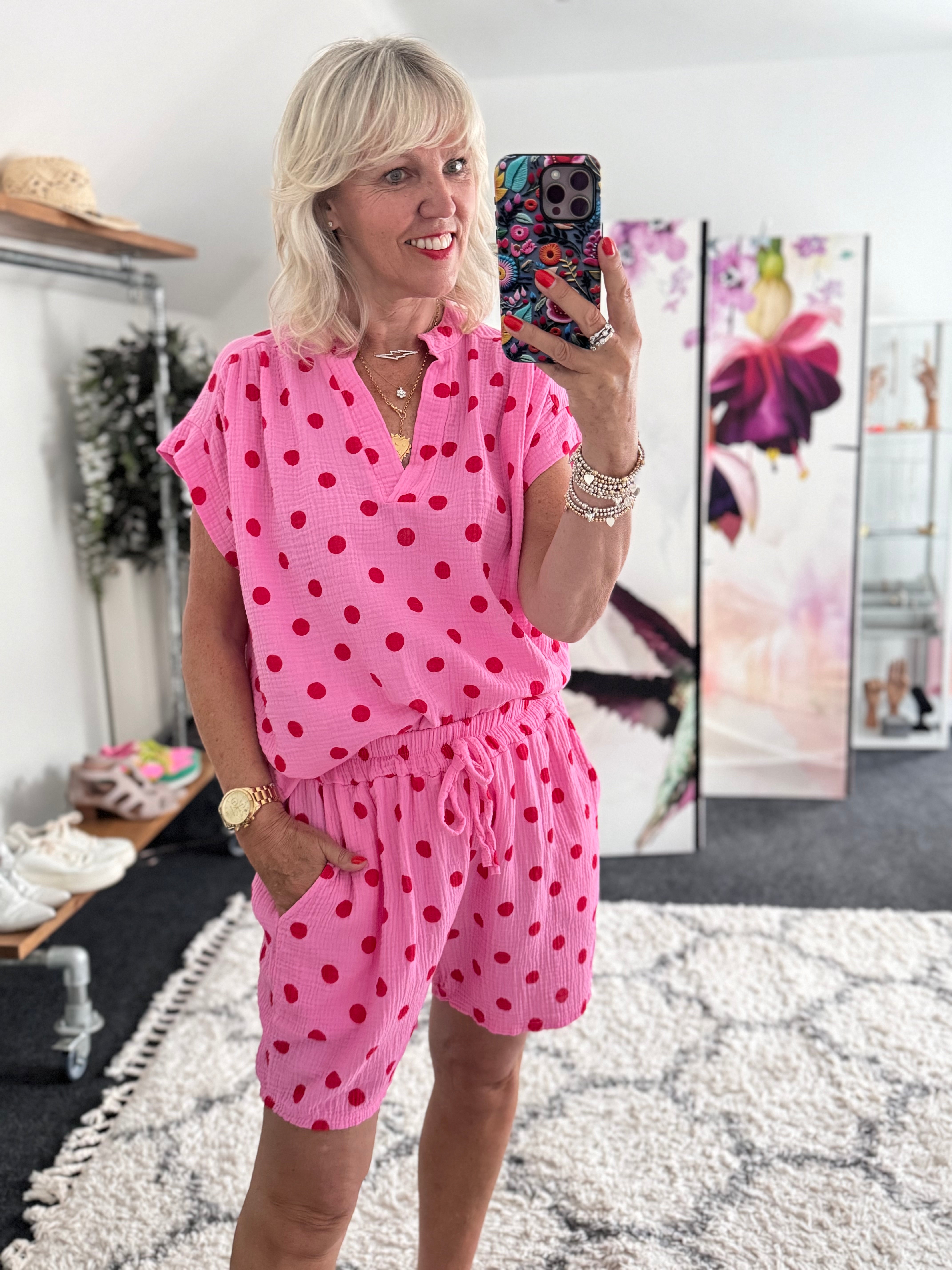 Cheesecloth Spot Top in Pink & Red
