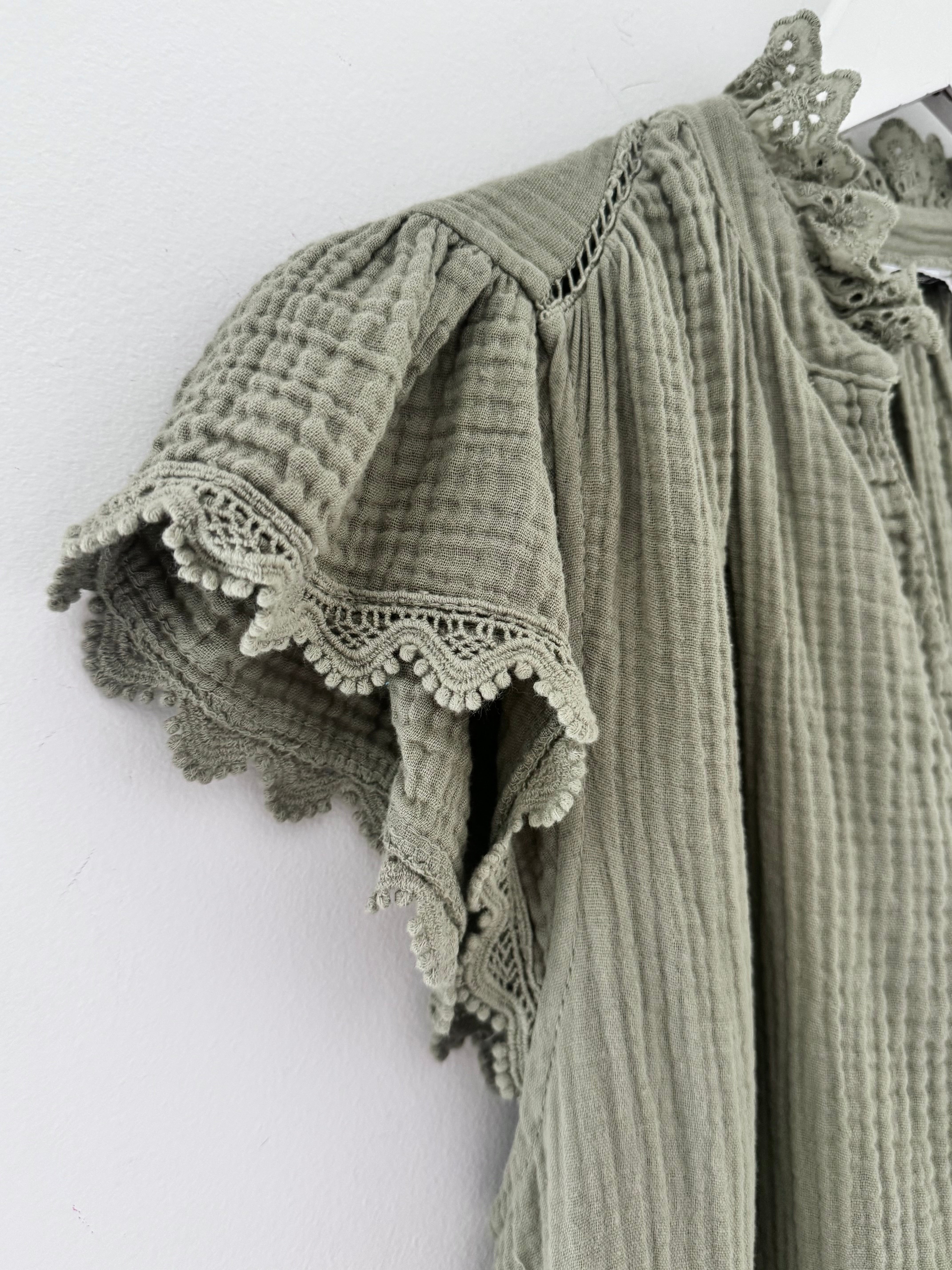 Cheesecloth Dress with Lace Edge Sleeves in Khaki