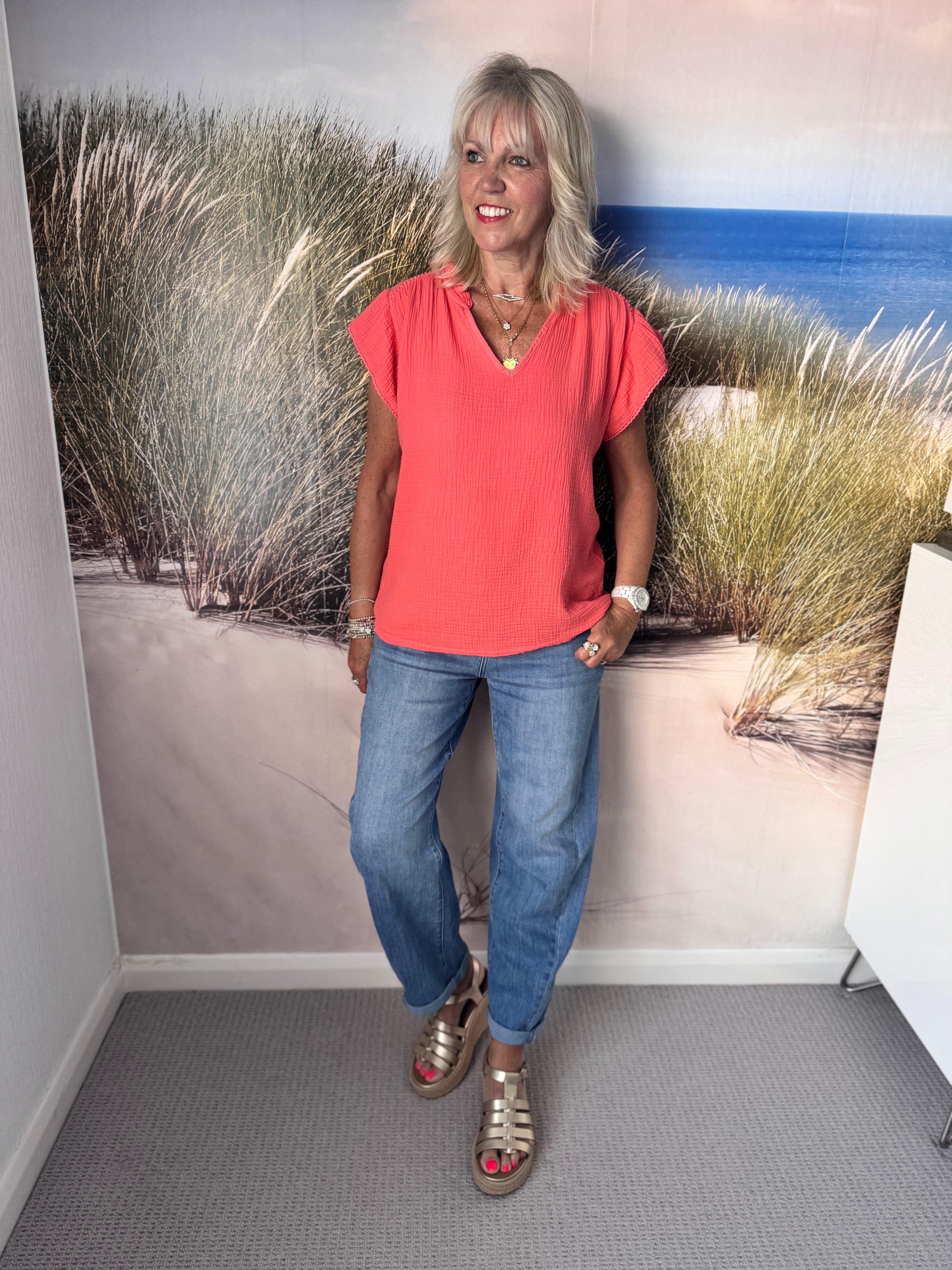 Cheesecloth Top with Ruffle Sleeves in Coral