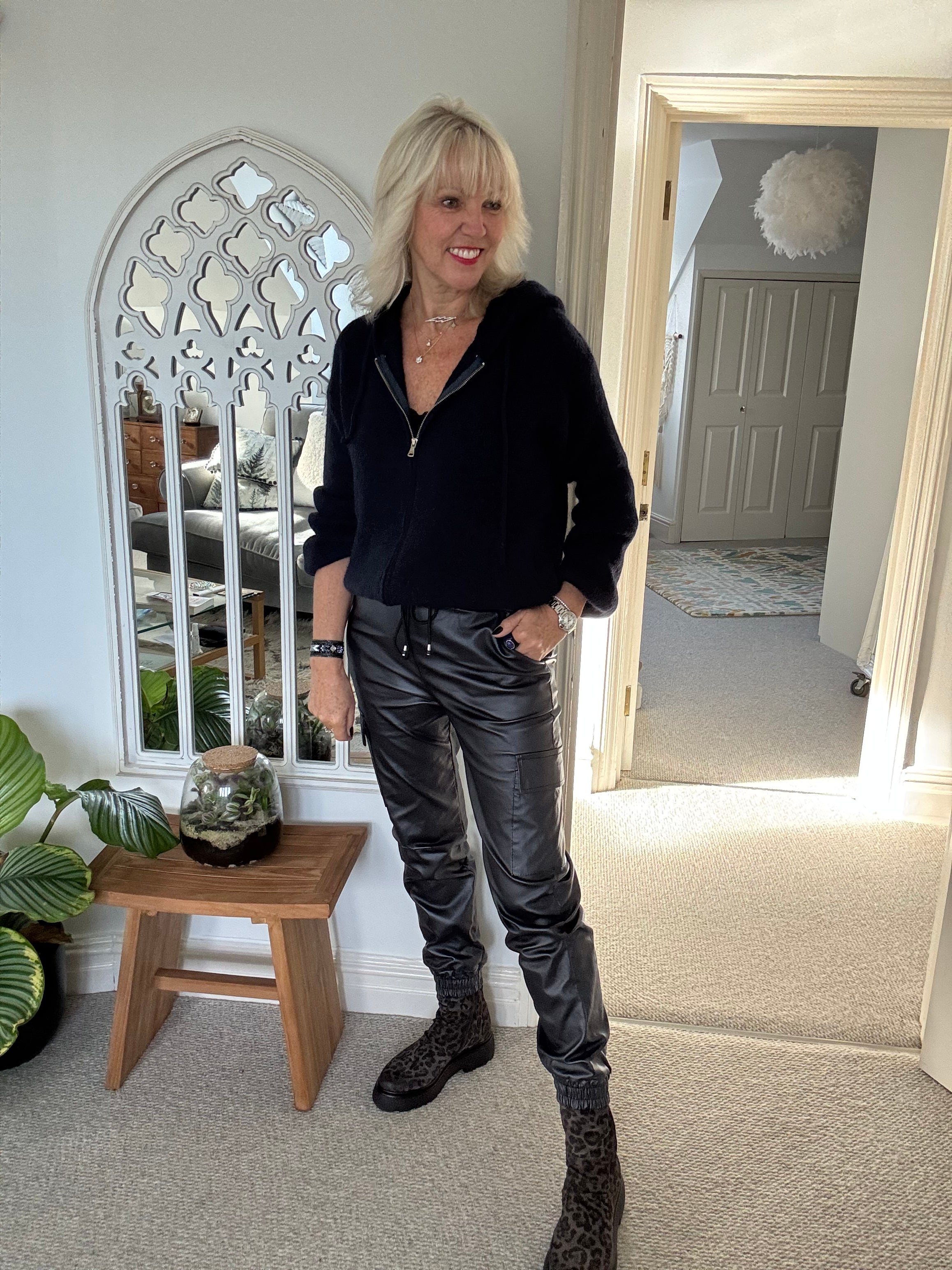 Leather Look Cargo Joggers in Midnight